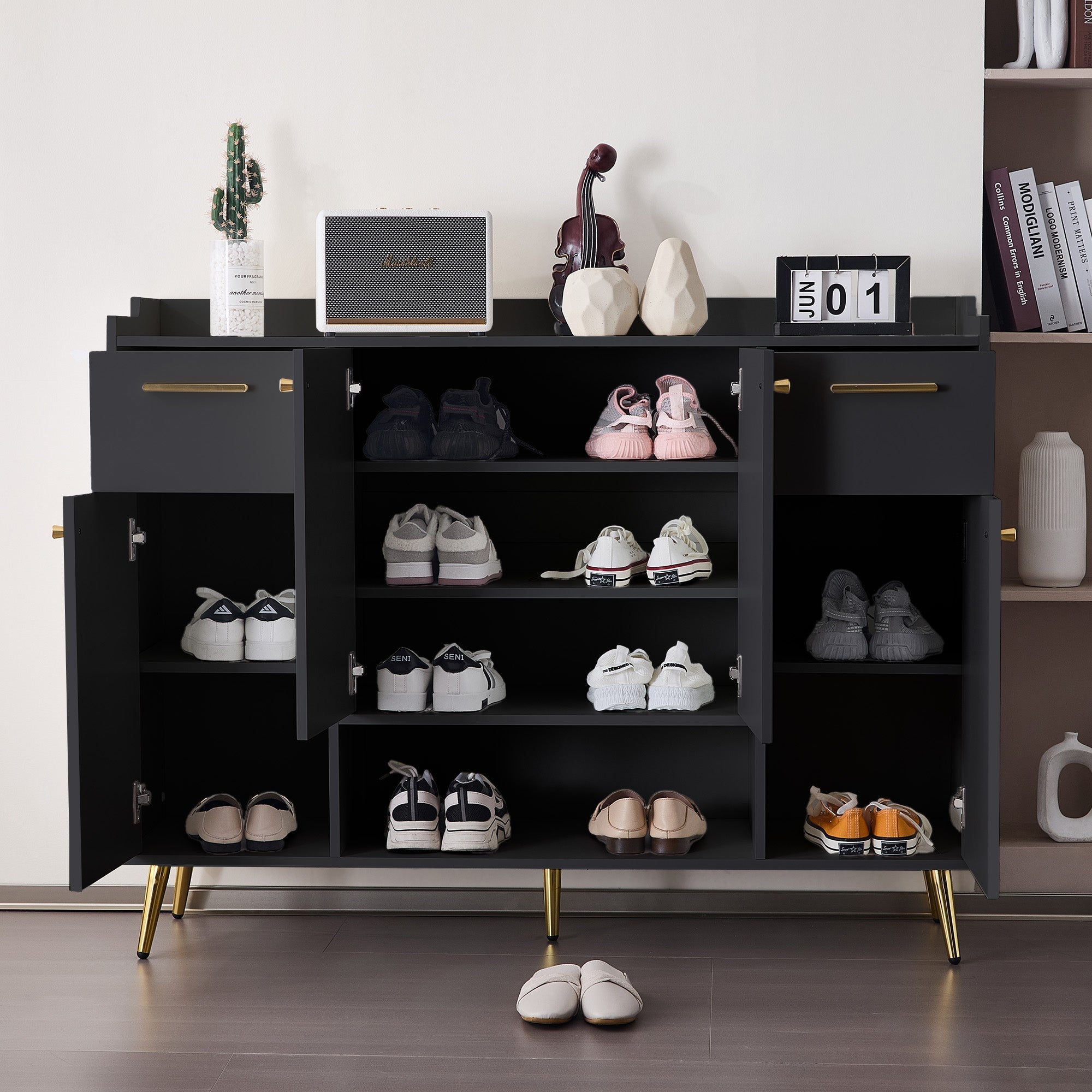 Shoe Cabinet, Shoe Rack with 2 Drawers and 4 Doors, Metal Feet, Black