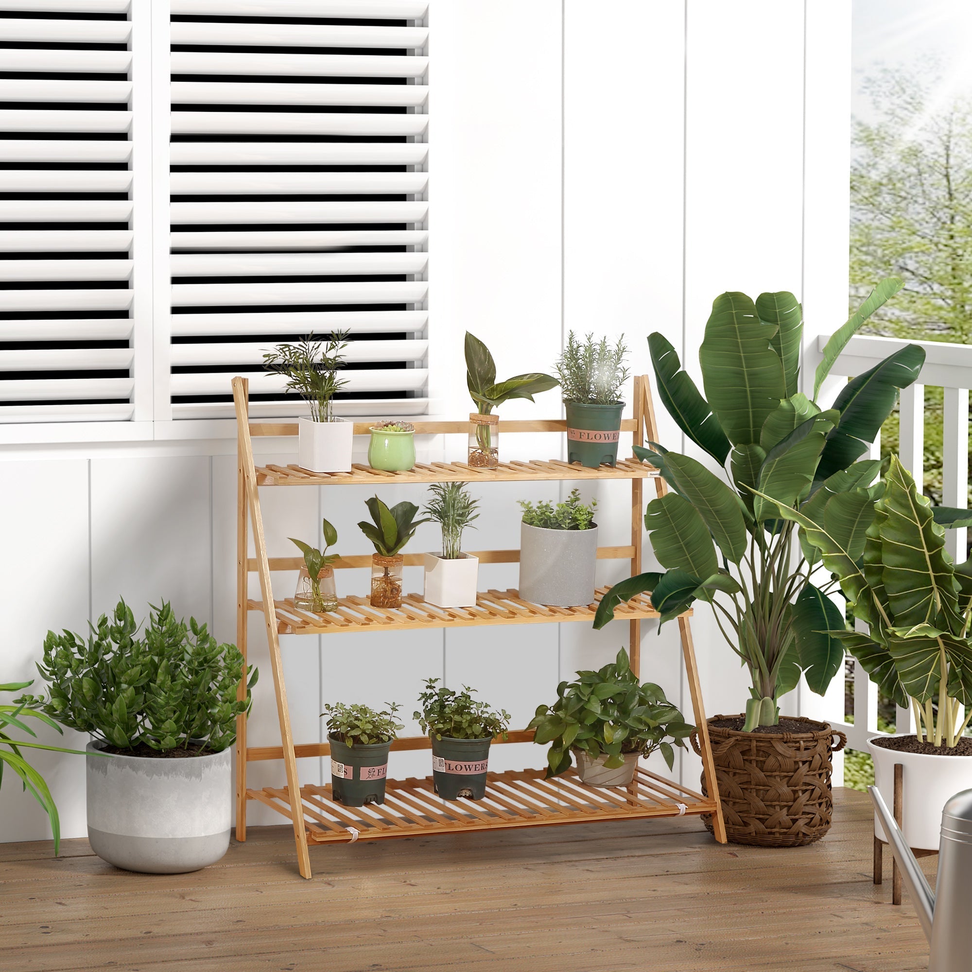 3-Tier Plant Stand Folding Display Shelf Bamboo Natural