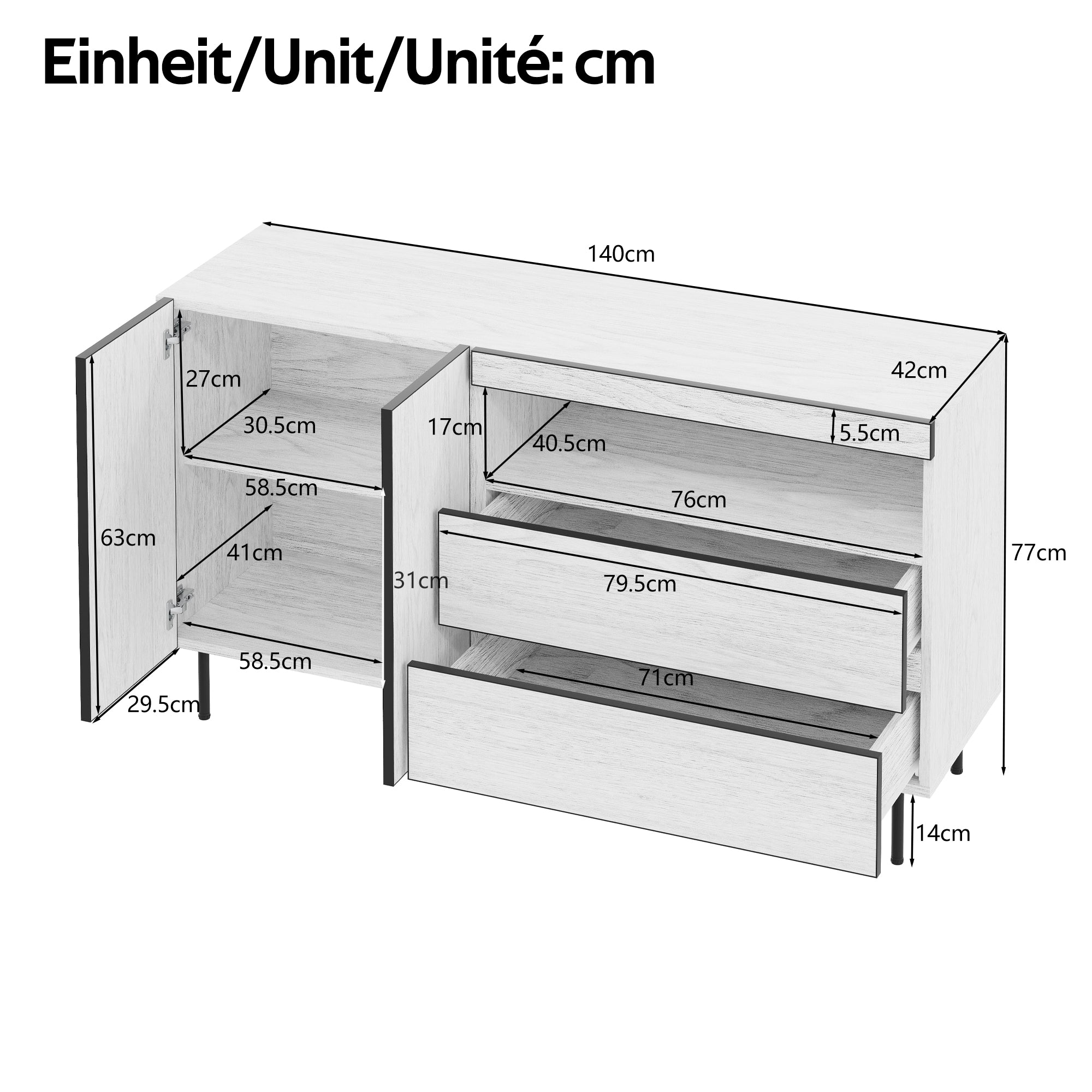 Minimalist Sideboard with Double Doors, Double Drawers and Open Shelves, White MDF