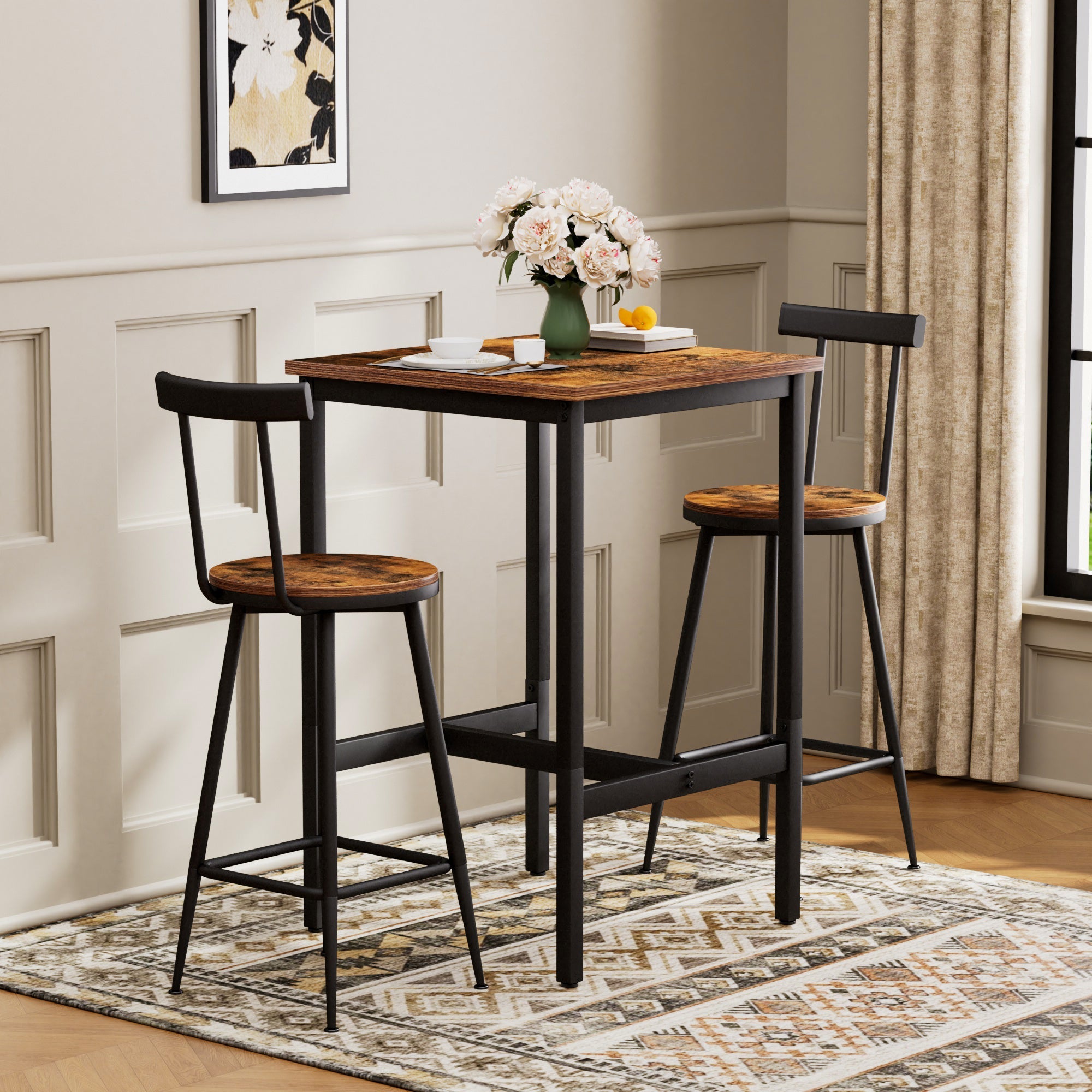 Industrial Bar Table and Stool Set with 2 Chairs and Metal Frame, Rustic Brown
