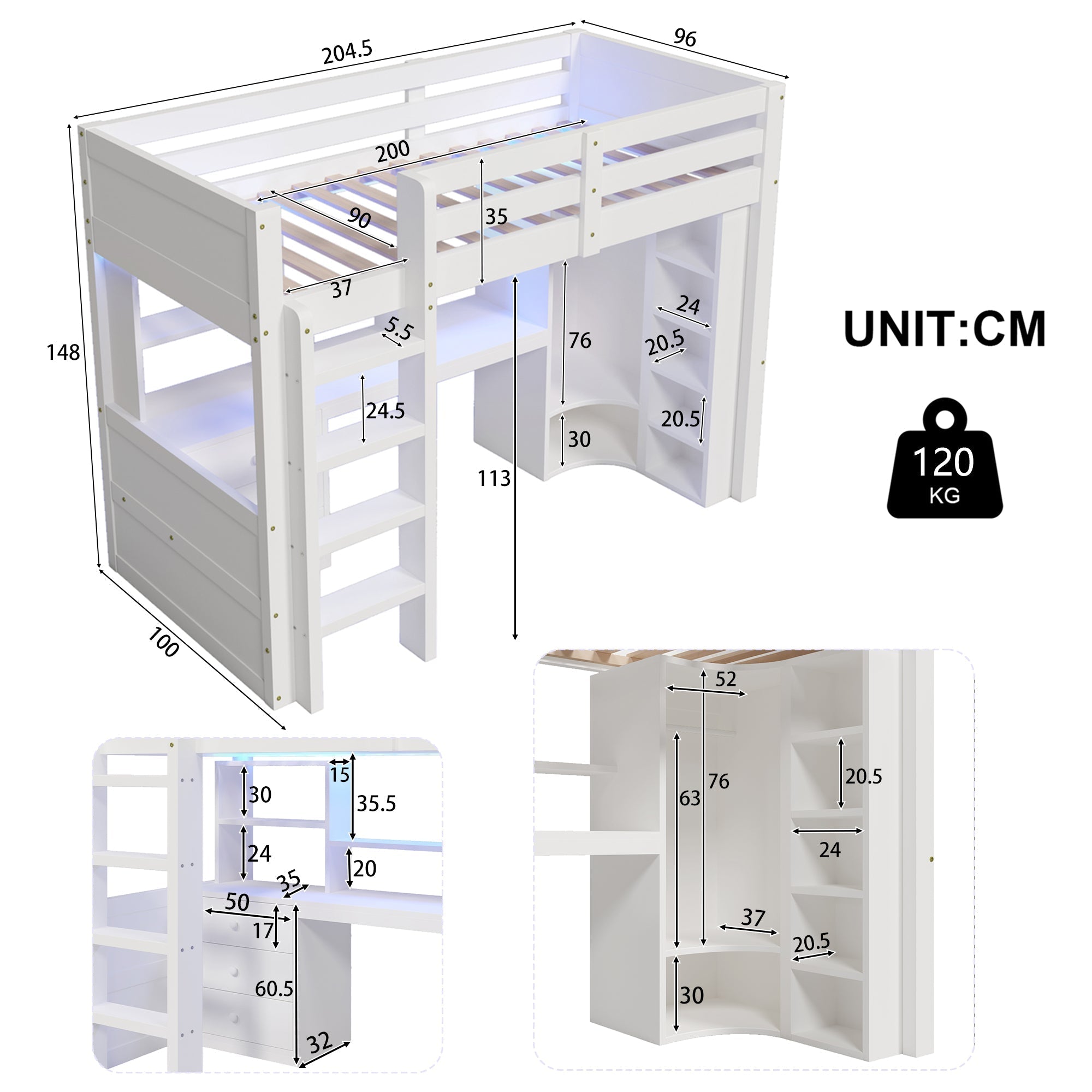 Loft Bed 90x200cm LED Wardrobe Desk Drawers Storage - White