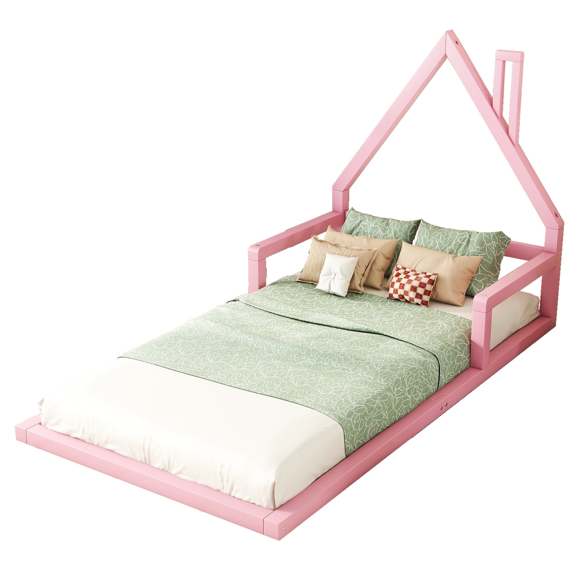 Children's bed, 90x200cm, flat bed, house shape, solid pine, pink