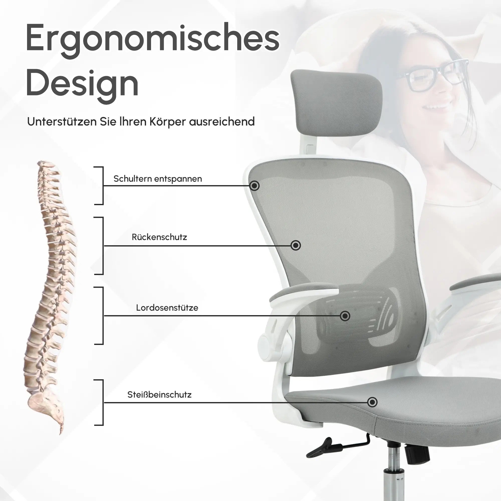Ergonomic Office Chair, Headrest Rocking Function Height Adjustable, Grey