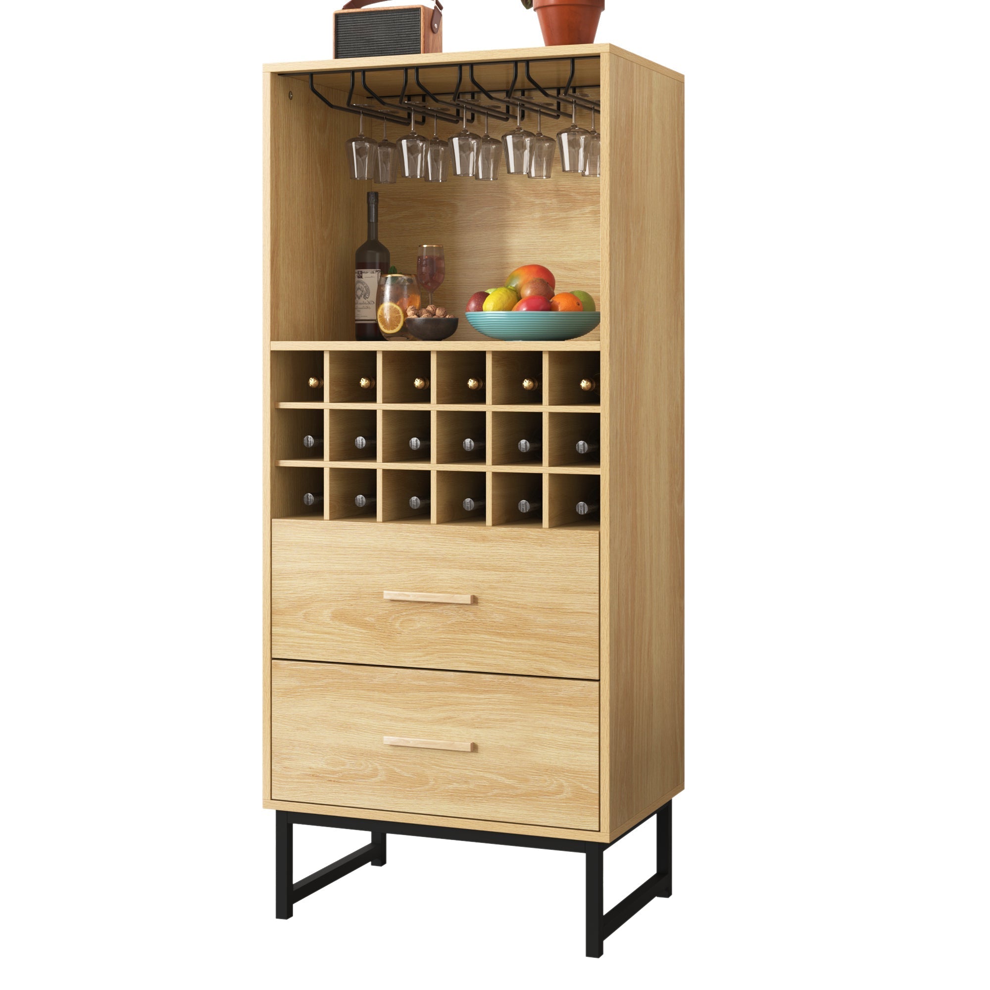 Wine Cabinet 2 Drawers 18 Compartments Glass Holder Matte Black Metal