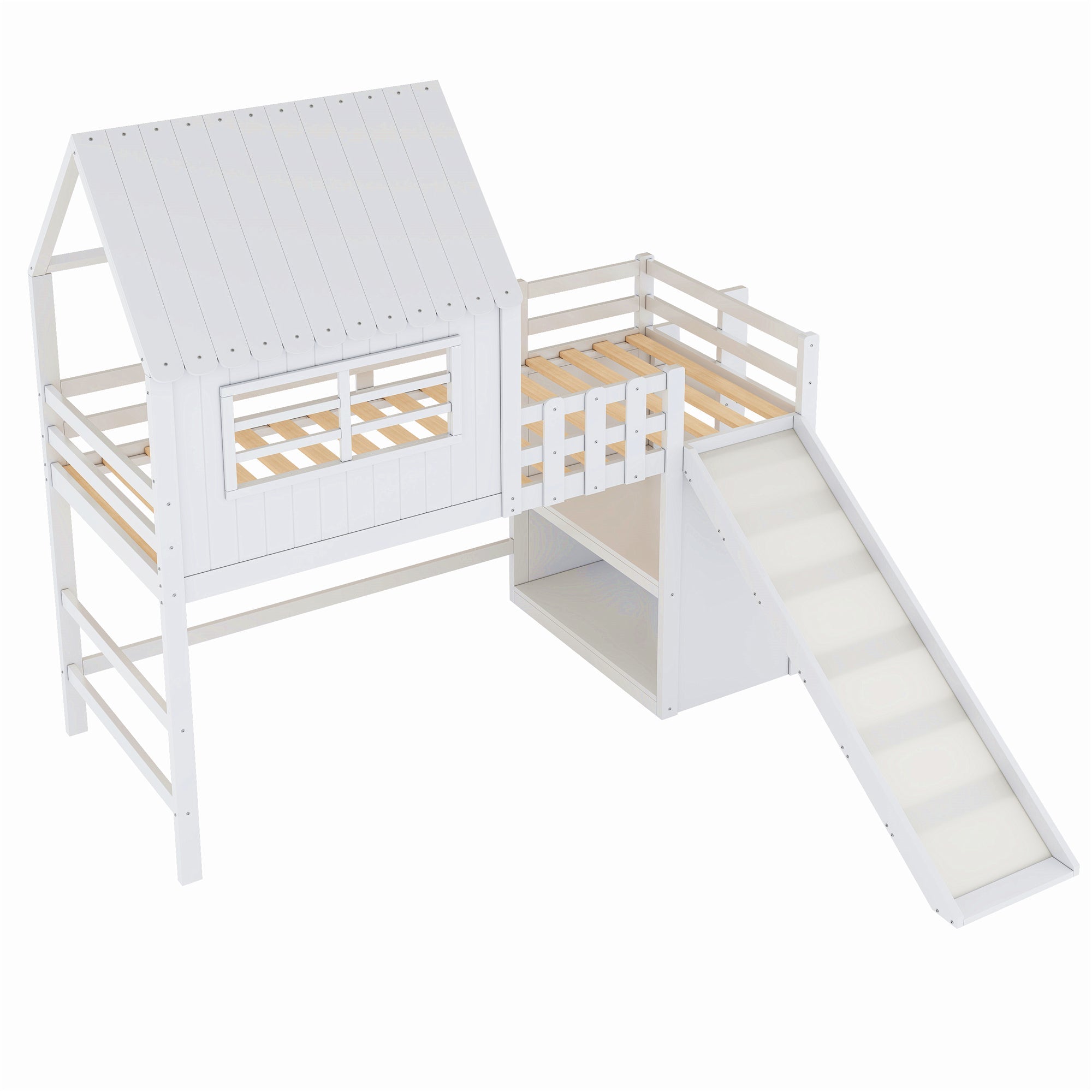 Children's Bed 90x200cm, Attic Design with Ladder, Slide & Storage, Solid Wood, White