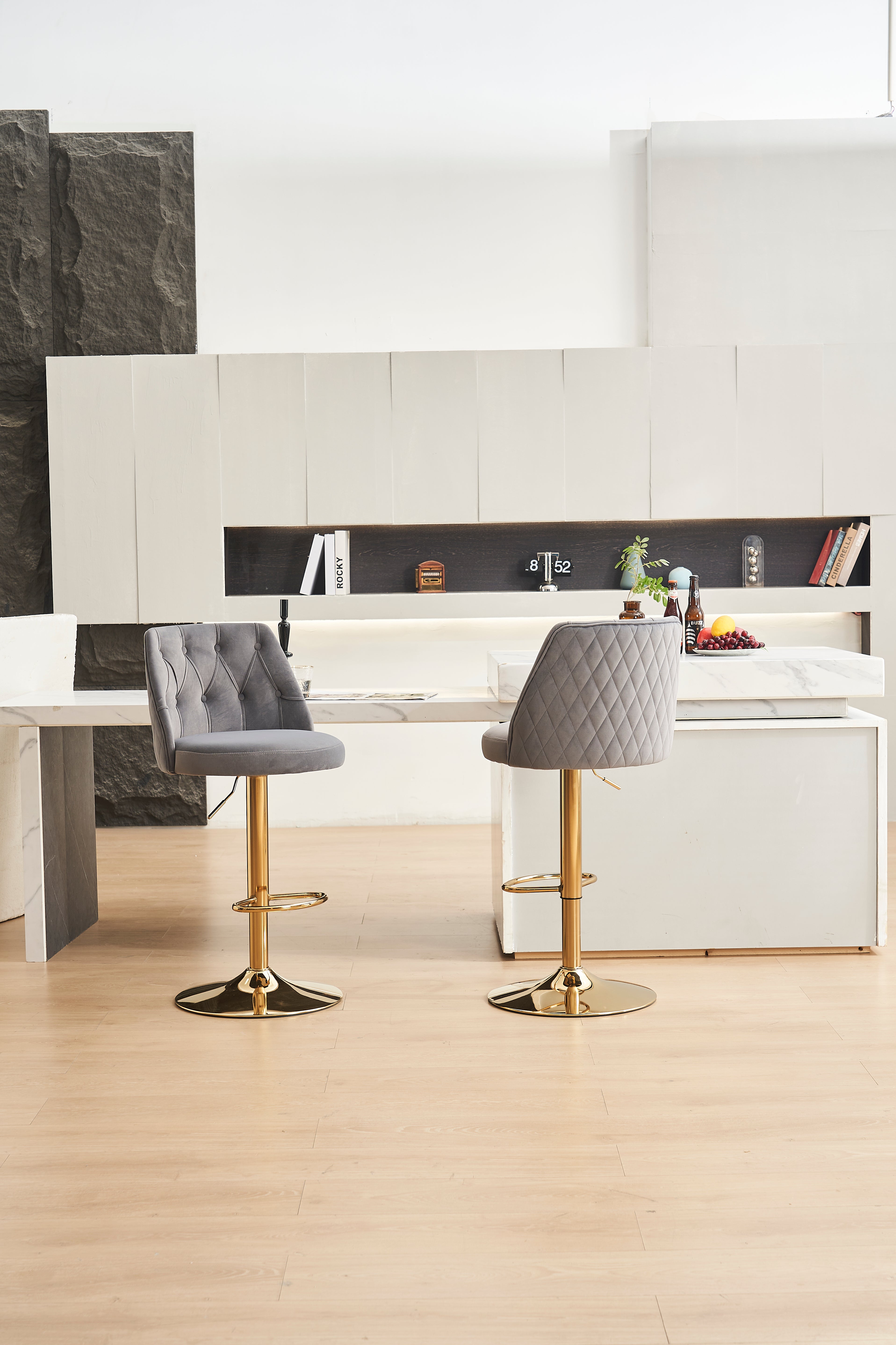 Modern Bar Stool Adjustable Height Tufted Backrest Footrest Set of 2, Velvet Grey