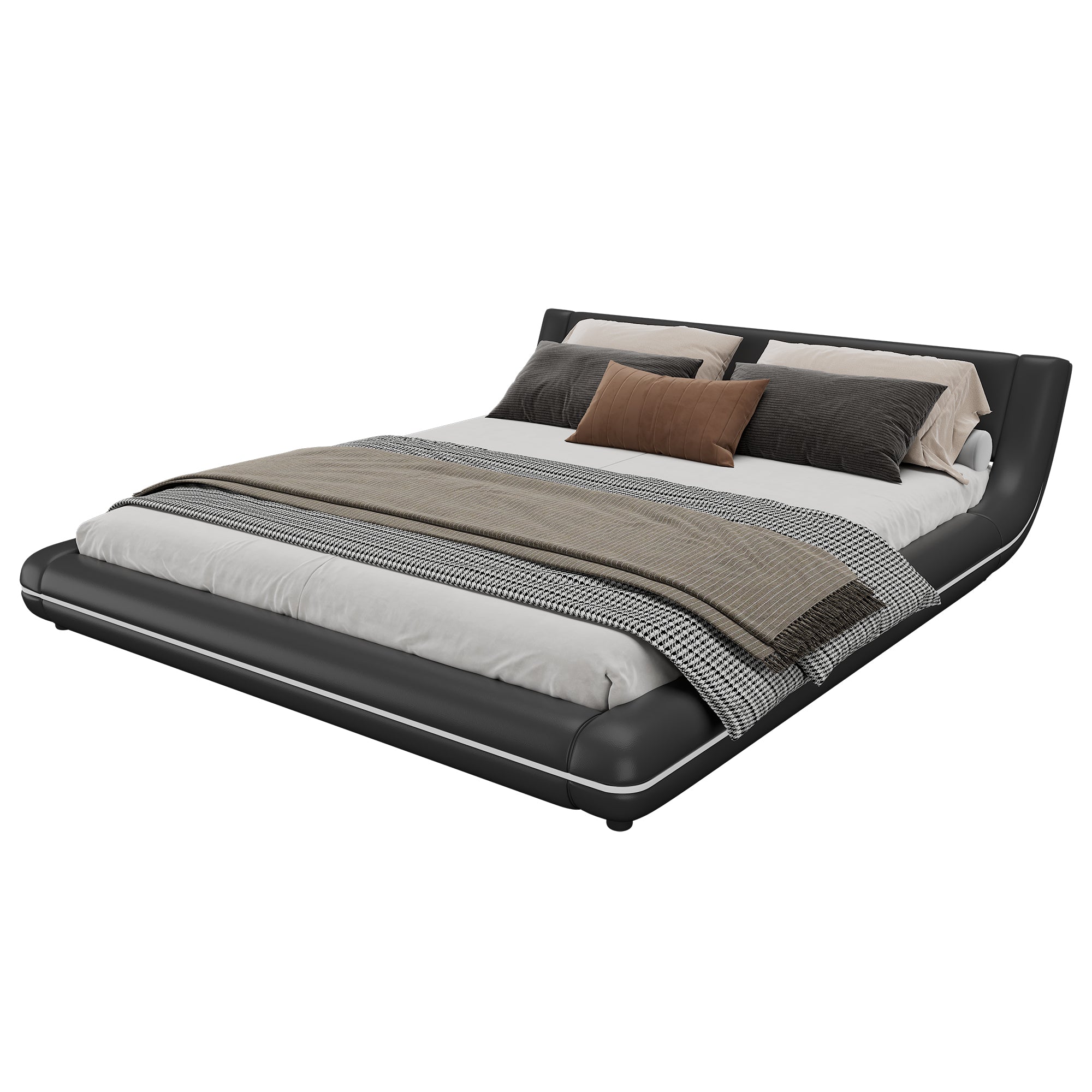 Flatbed Floor Bed 160x200cm with LED Ambient Light PU Black