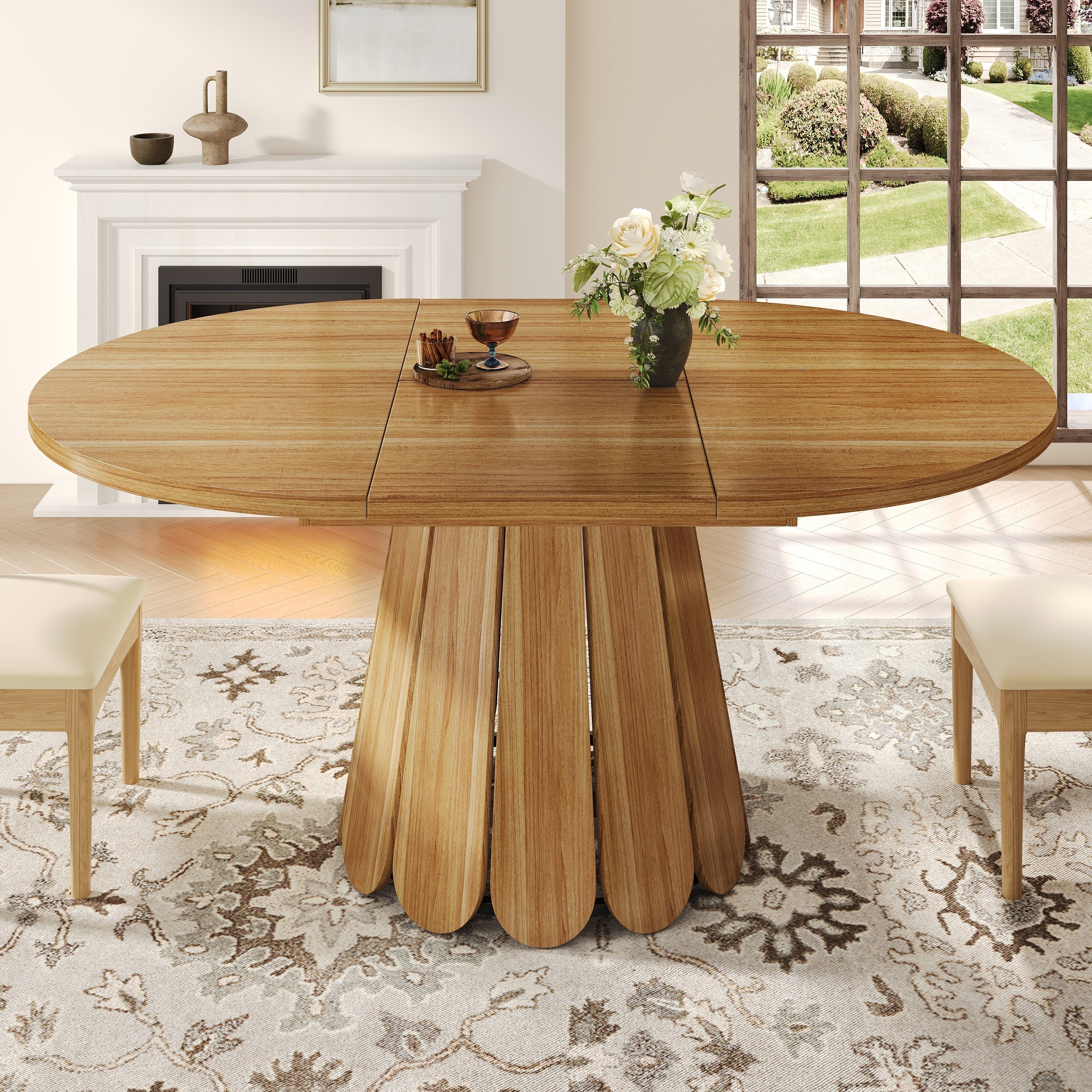 Extendable Round Dining Table, 118–158 cm, Seats 6, Wooden