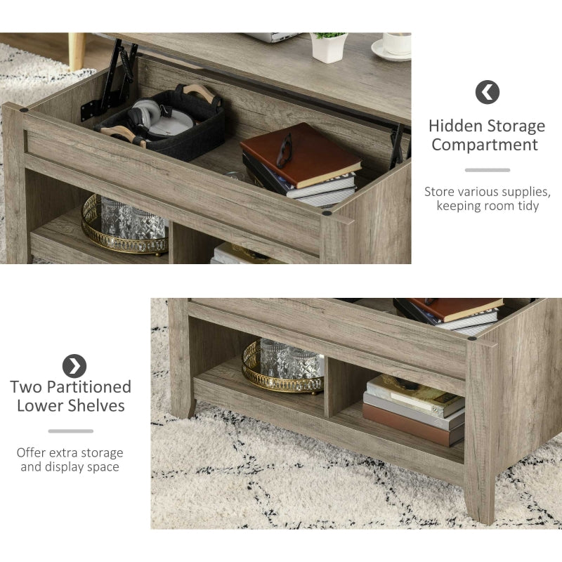 Lift Top Coffee Table with Hidden Storage and Open Shelves, Oak Effect