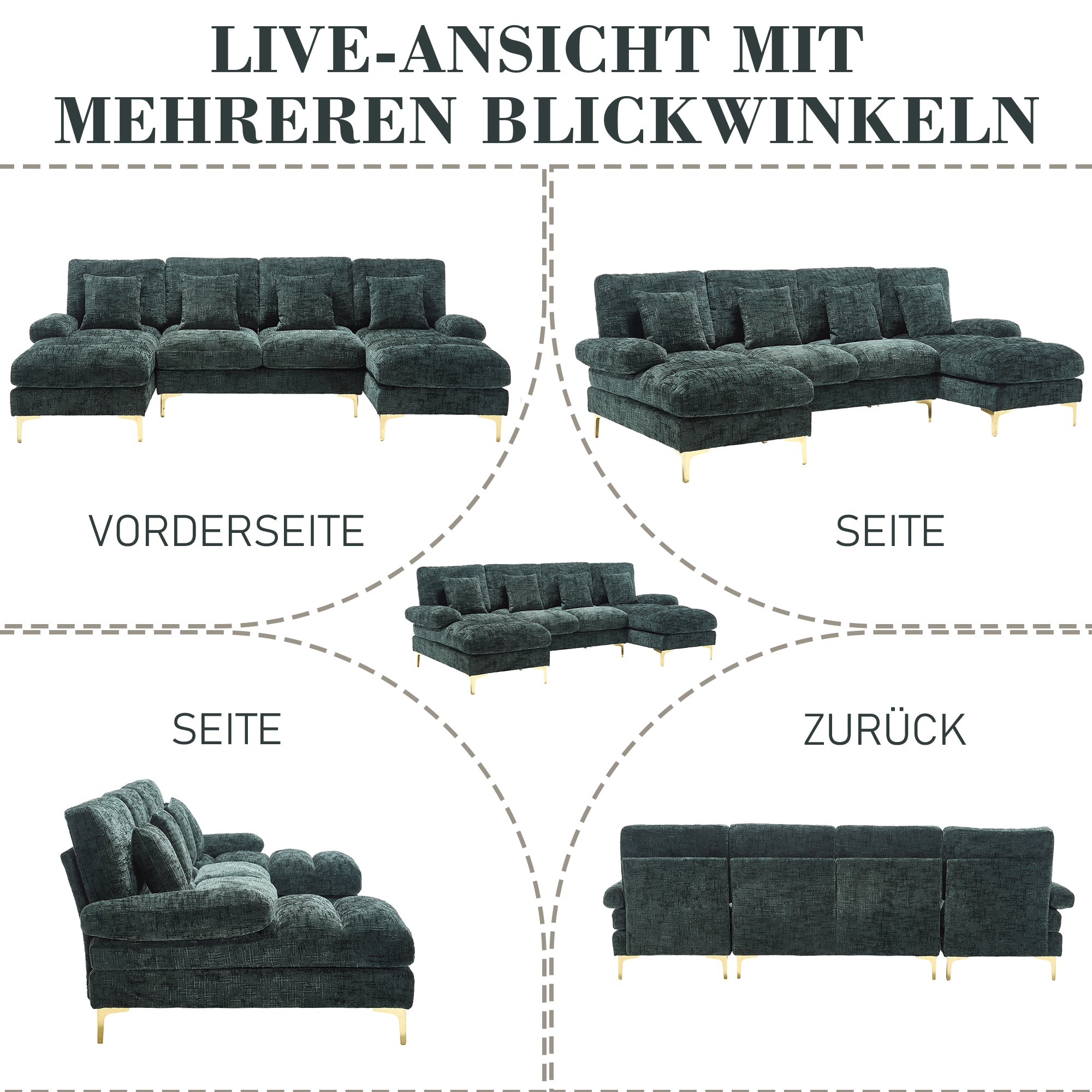 Chenille U-Shape Sectional Sofa, Large with Double Reclining Seats, Emerald