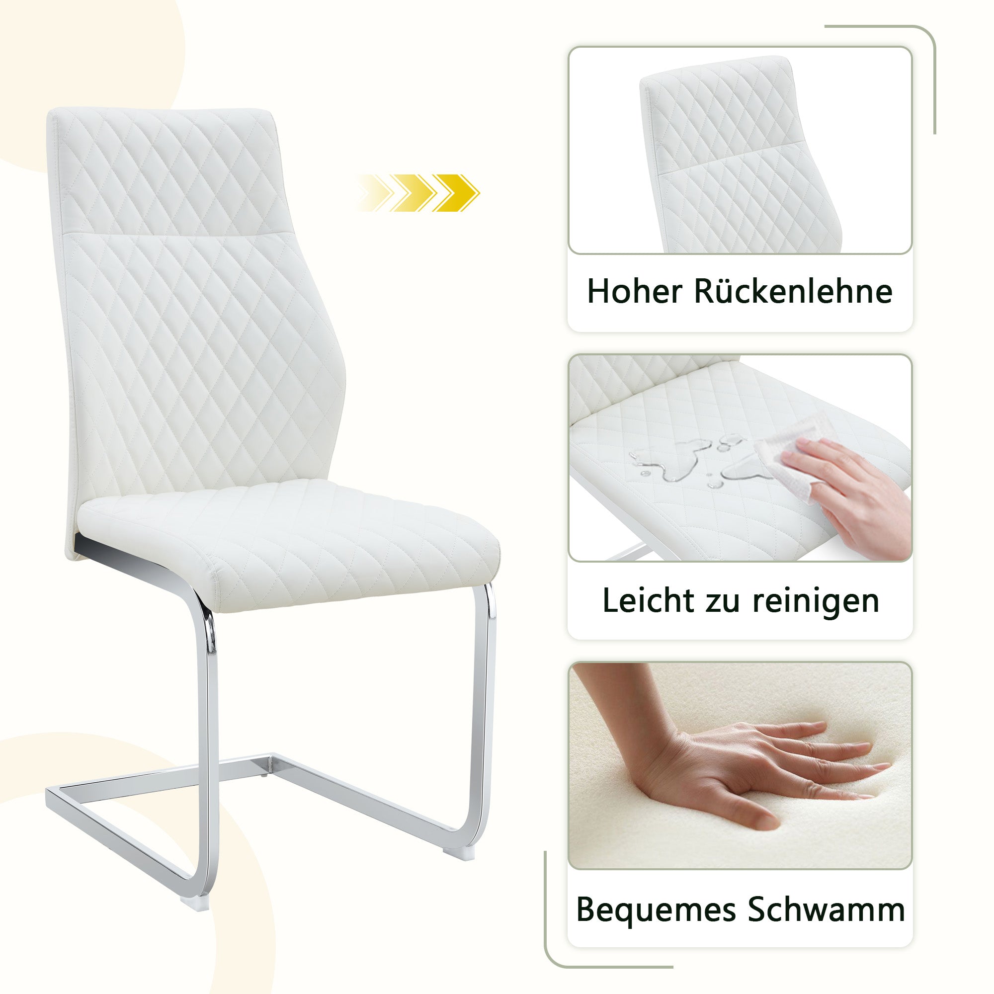 Dining Chair Set of 2 with High Backrest and Padded Seat, White PU Leather and Silver Metal