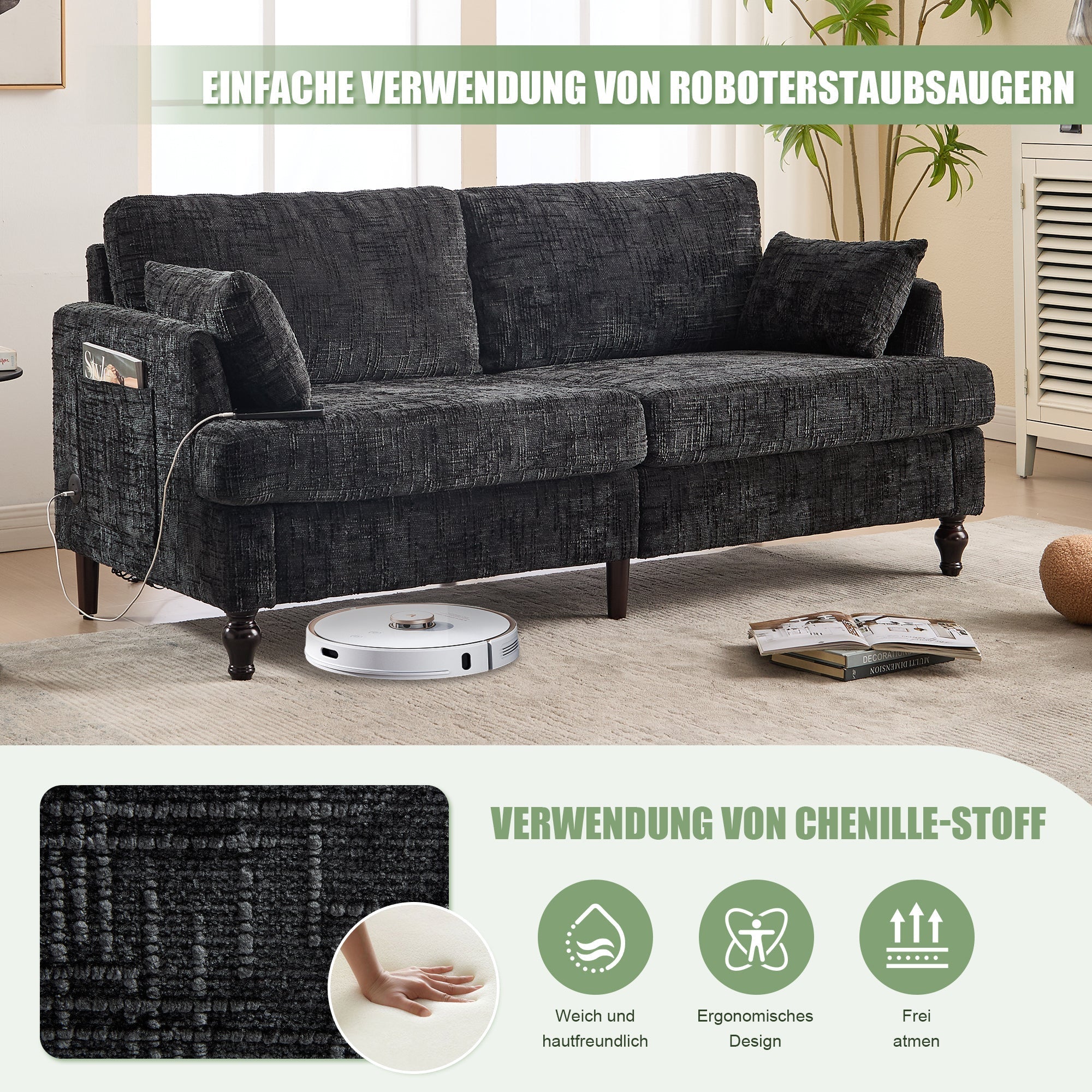 Sofa, 2-Seater with Wooden Legs, LED Light, USB, Storage Bag, Chenille
