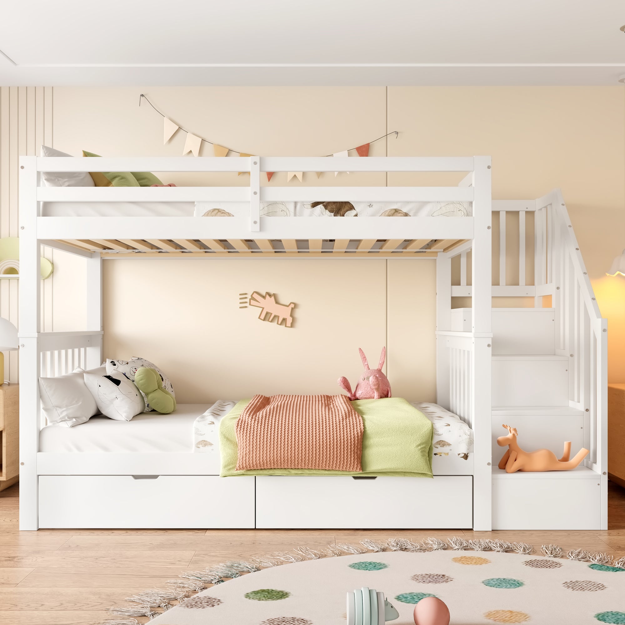 Bunk Bed with Stair Shelf and Two Storage Drawers, 90x200cm, White Pine Wood and MDF