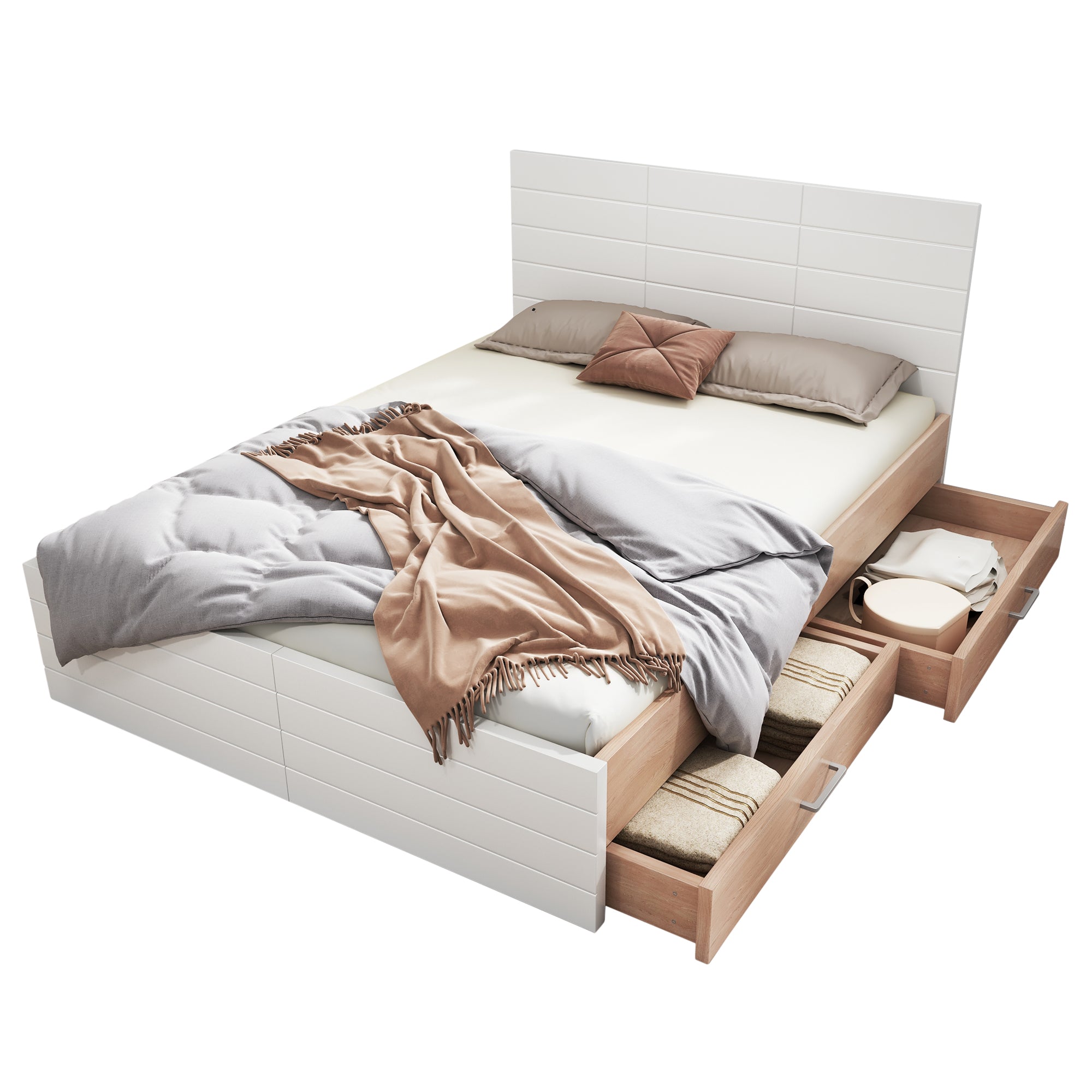 Double Wooden Bed with 2 Drawers, Modern, Oak/White
