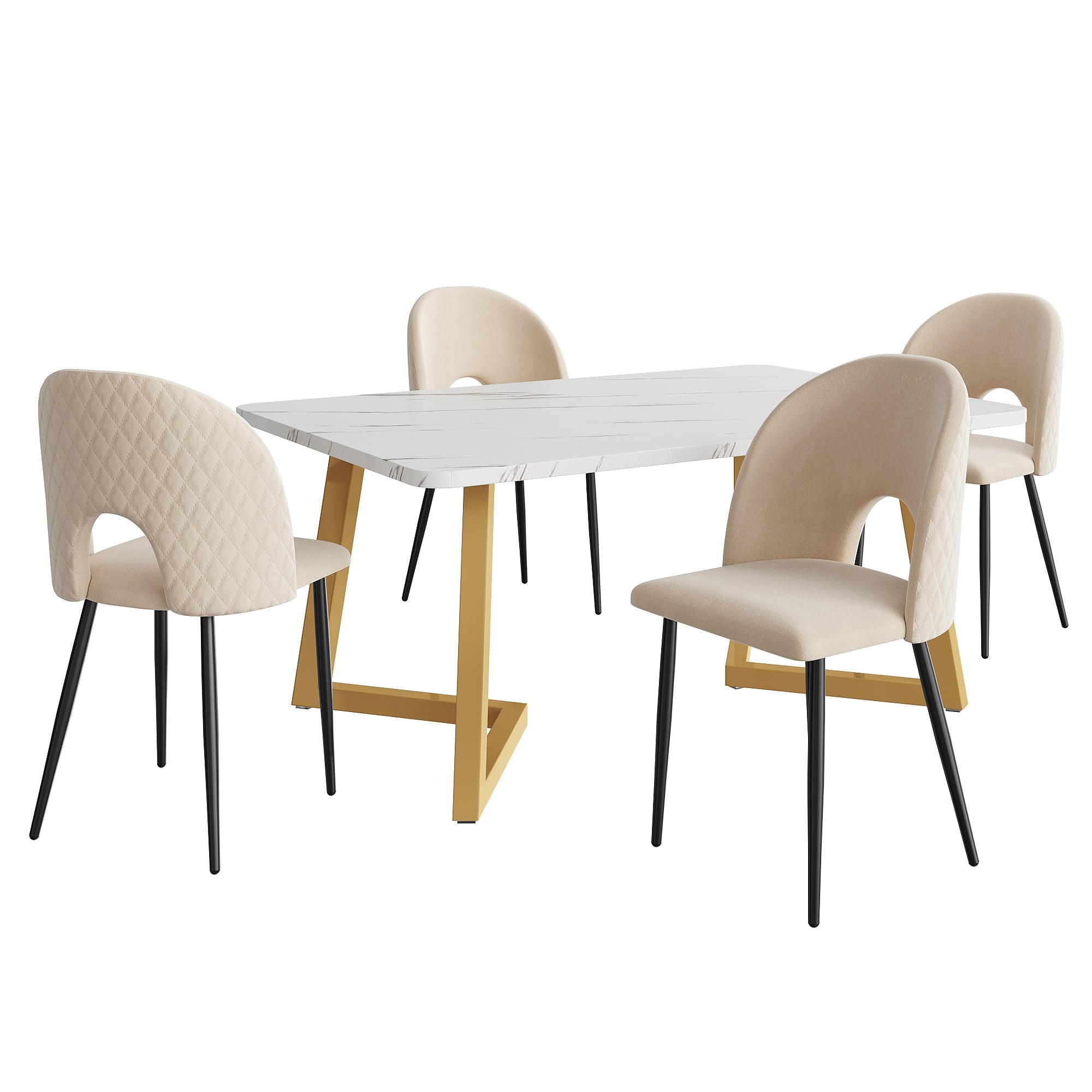 Dining Set, 117×68cm Table with 4 Chairs, Beige Velvet & Gold