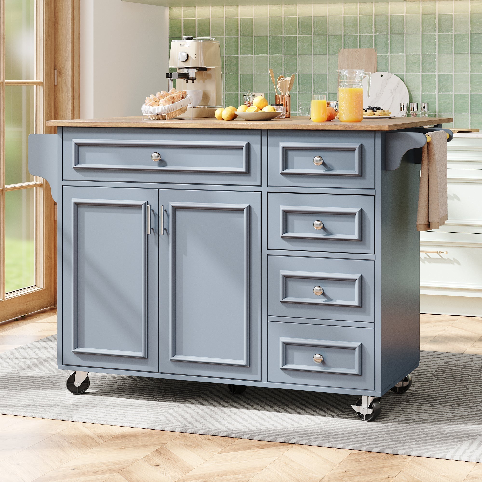 Kitchen Island 110cm Extendable Dining Table with Storage & Removable Trolley, Blue
