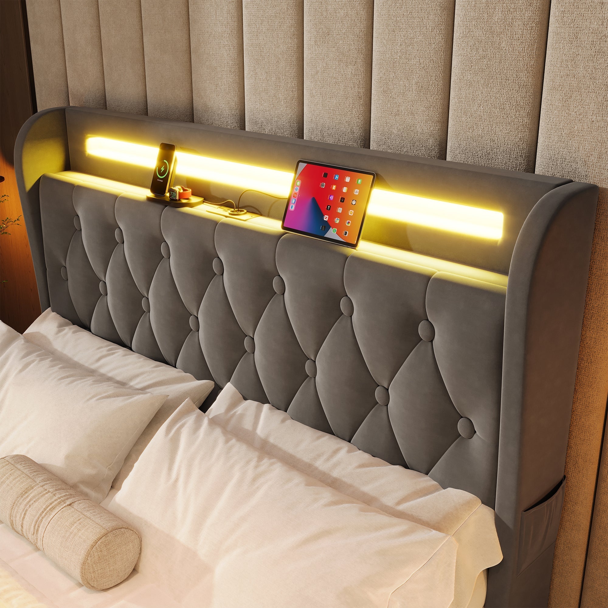 Upholstered Bed 140x190cm LED USB Storage Headboard 4 Drawers - Velvet