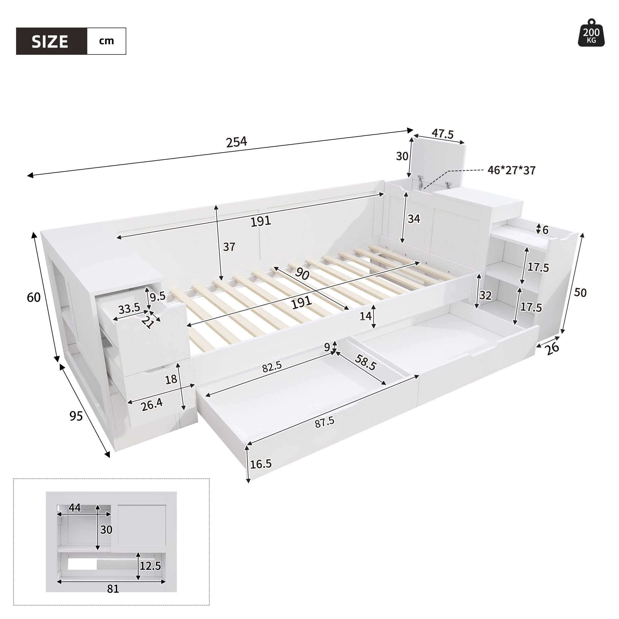 Lit Enfant Simple avec Tiroirs et Rangement, 90x190cm, Blanc