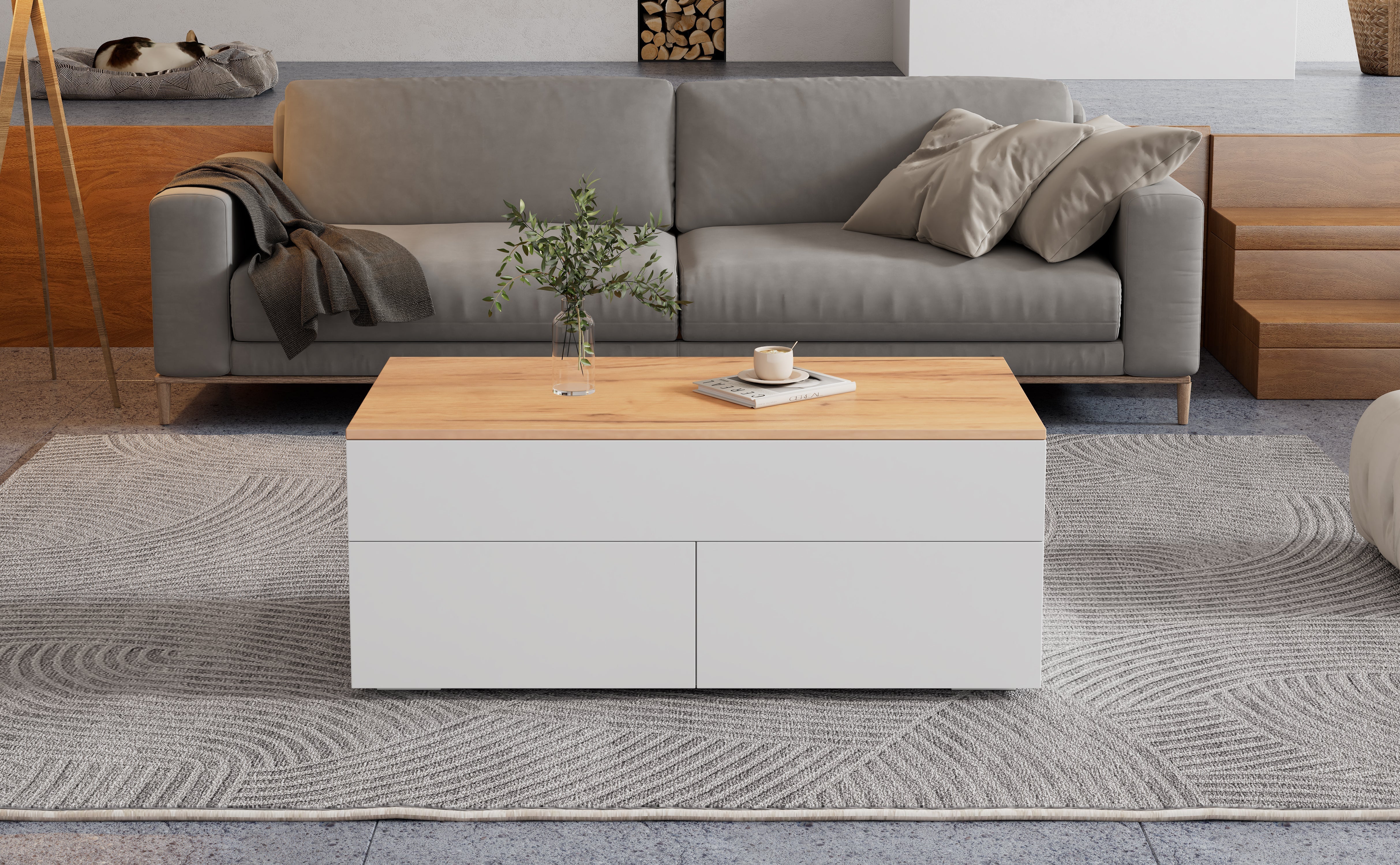 Coffee table height-adjustable with hidden storage, 2 drawers, white + wood color