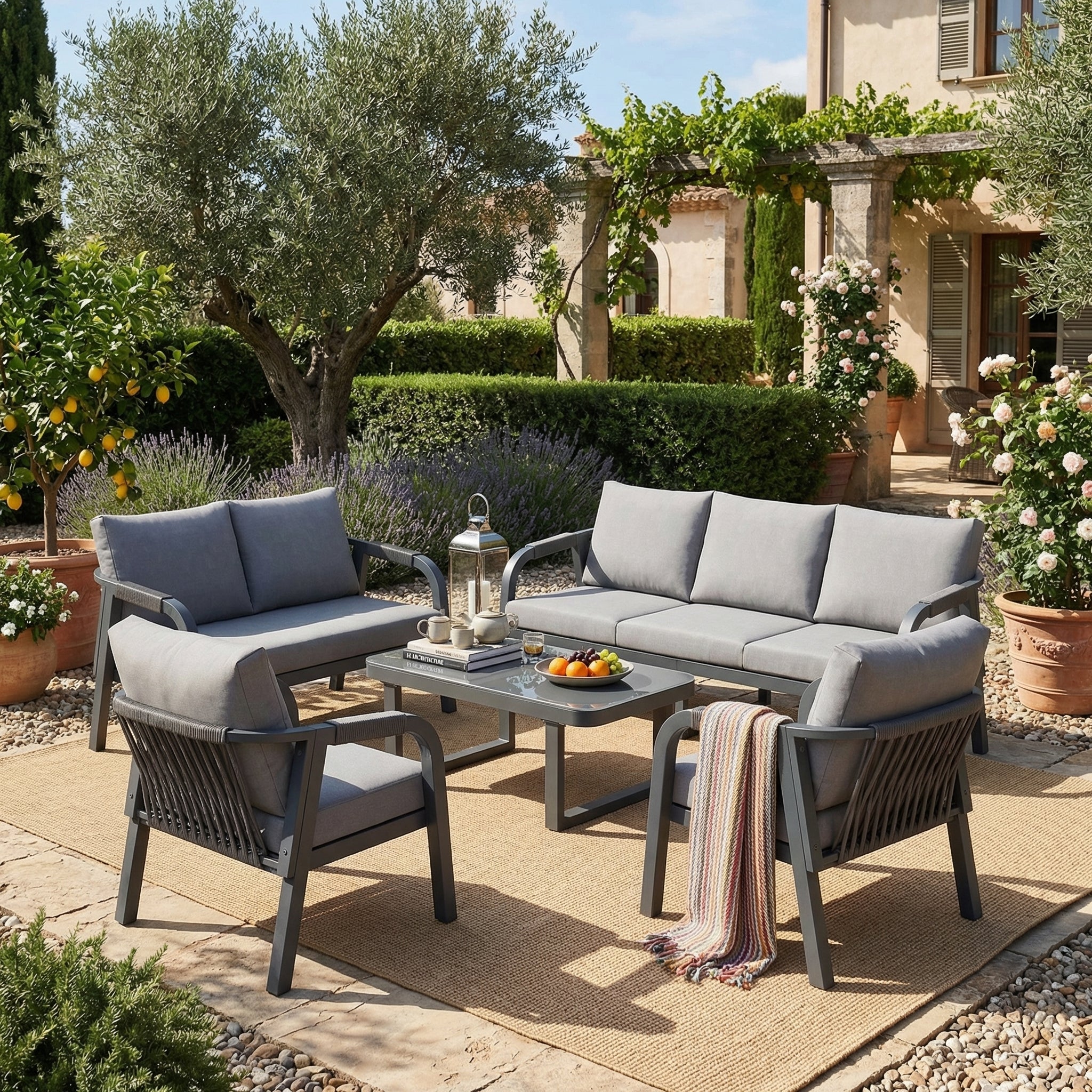 Garden Lounge Set, 7-Seater with Sofas, Armchairs and Coffee Table, Woven Rope and Galvanized Iron, Grey