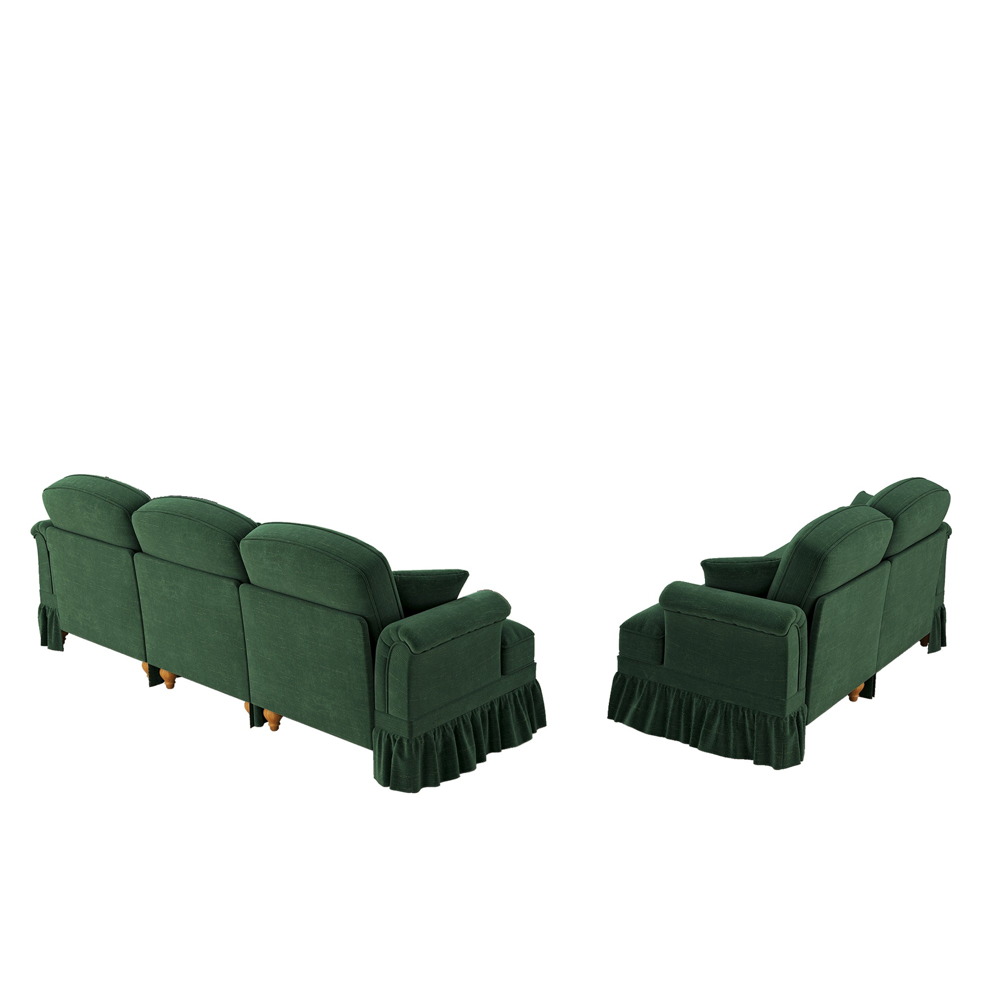 Classic 2-Piece Modular Sofa Set 3-Seater & 2-Seater Loveseat Ruffled Spindle Legs - Chenille Green