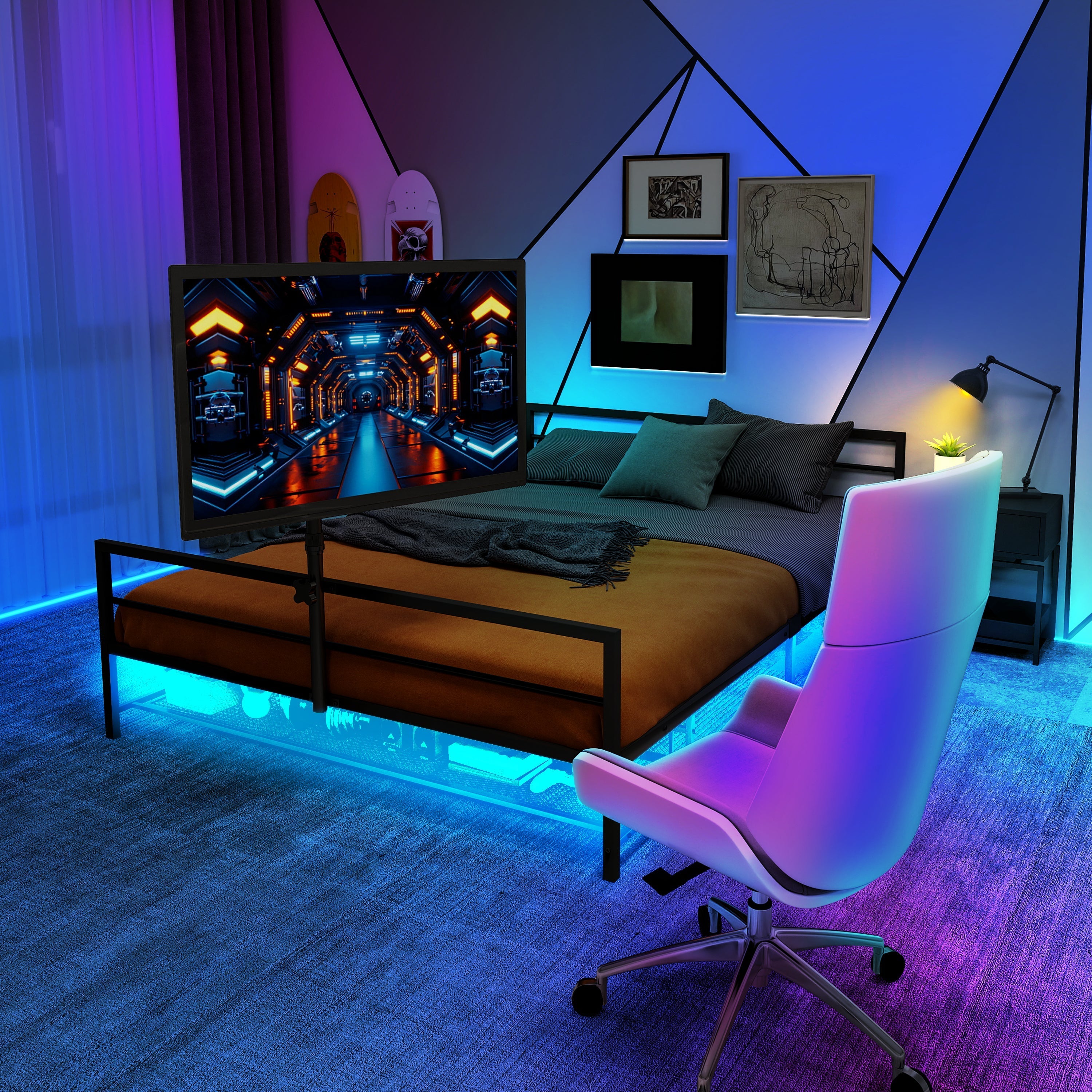 Gaming Bed: Adjustable Holder, LED Lights, Underbed Storage - Black Metal