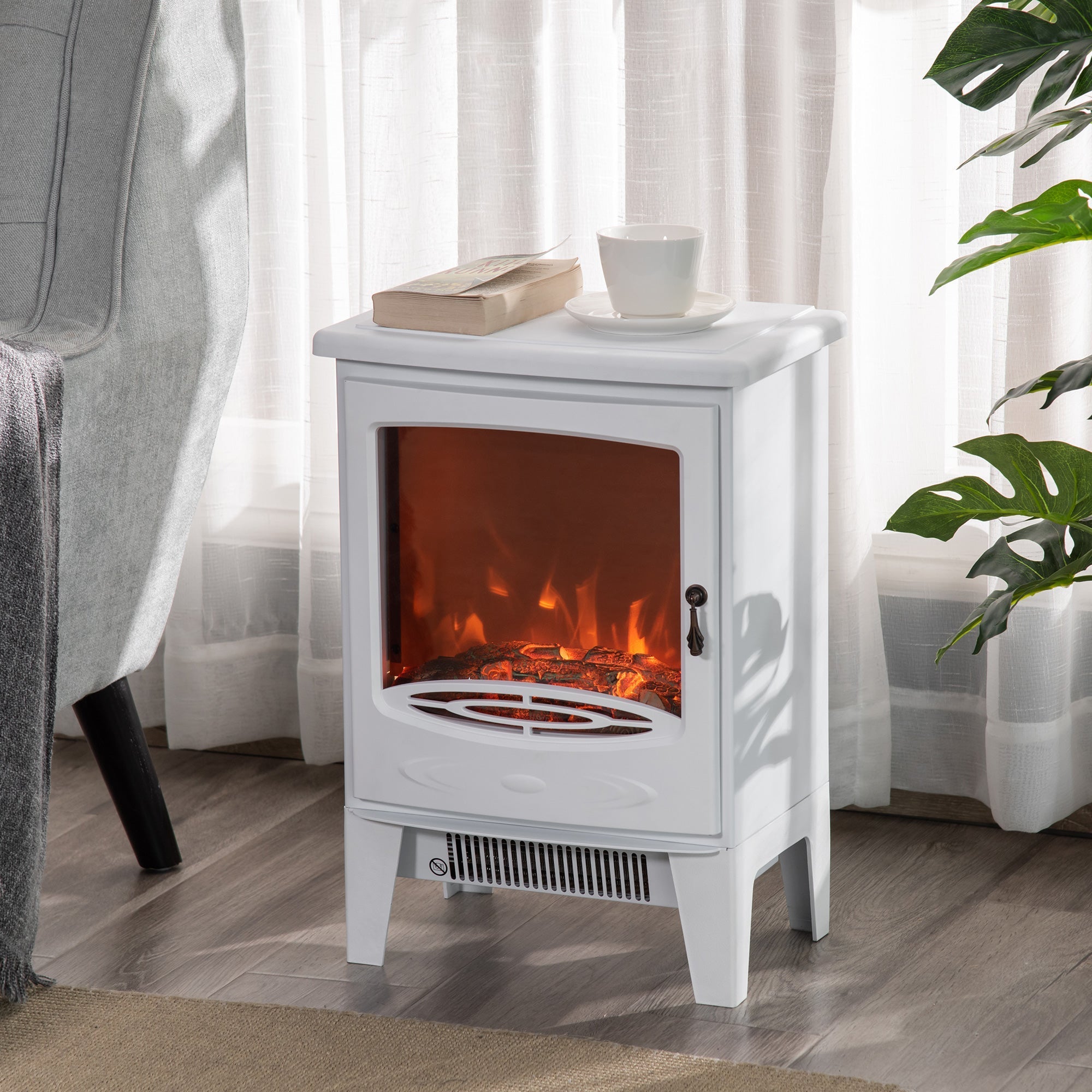 Electric Fireplace, LED Flame Effect 900/1800W, White Metal & ABS Plastic