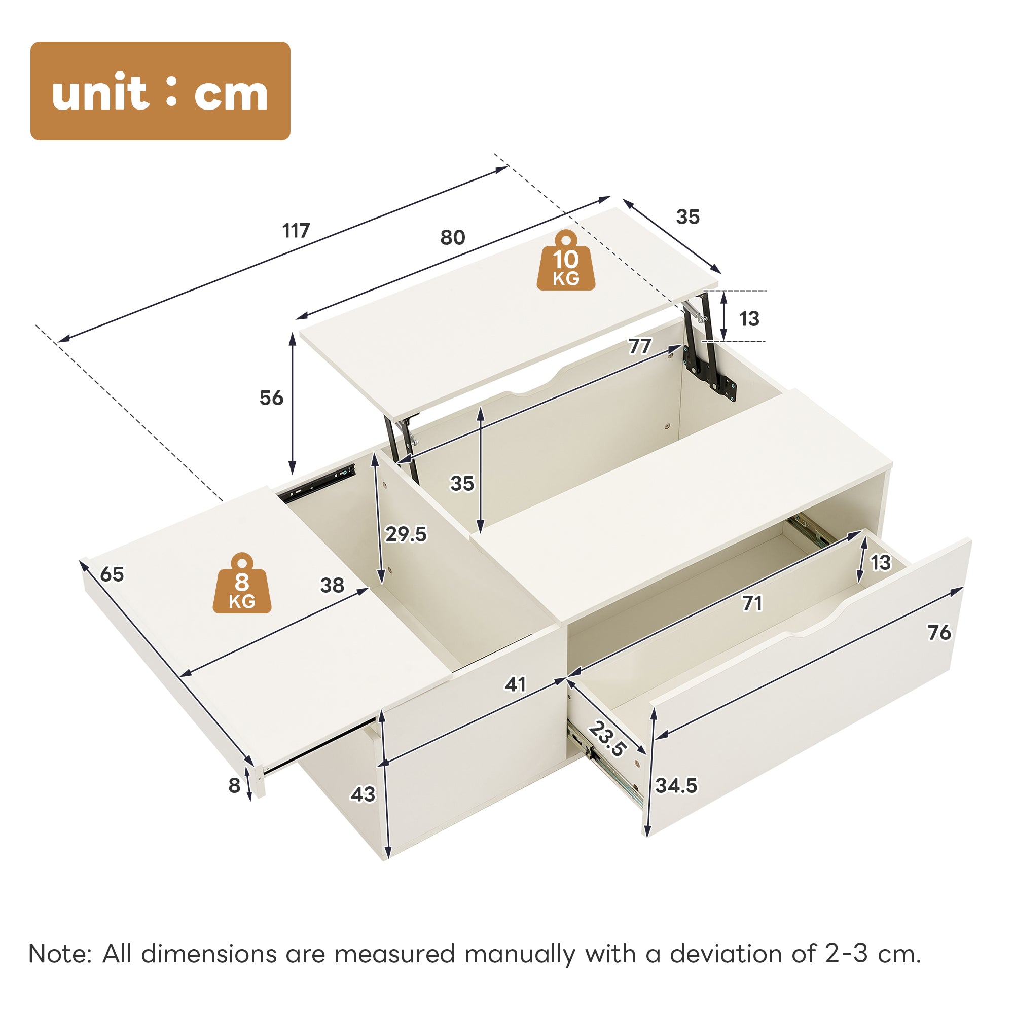 Lift Up Coffee Table with Drawer, Wooden, White