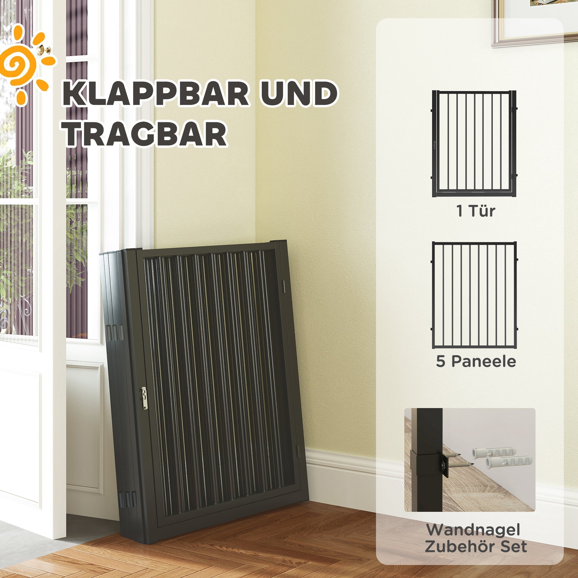 Welpenauslauf, 76cm hoch, 8-teilig mit Tür, Stahl, Schwarz