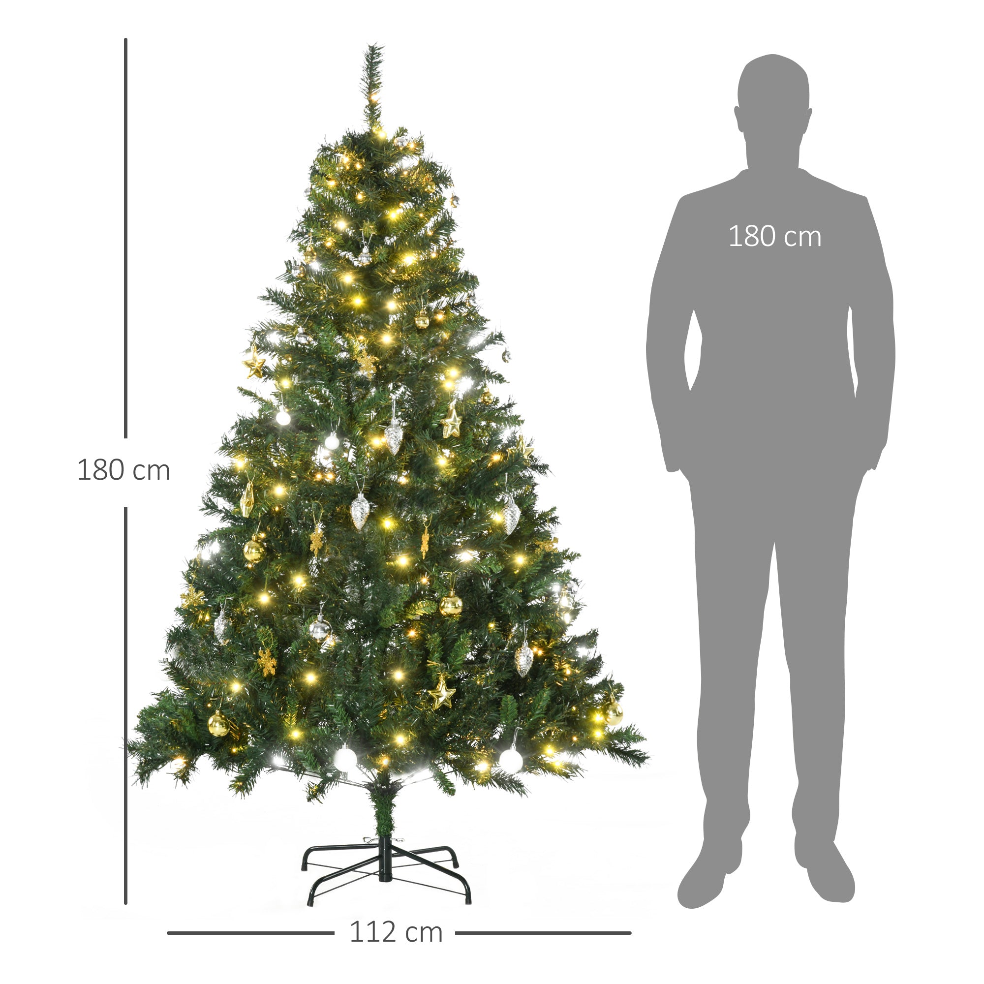 Artificial Christmas Tree 180 cm, Artificial Fir Tree with LED Lighting, Baubles, Christmas Tree with 745 Tips, Christmas Decoration Including Metal Stand for Indoor Use