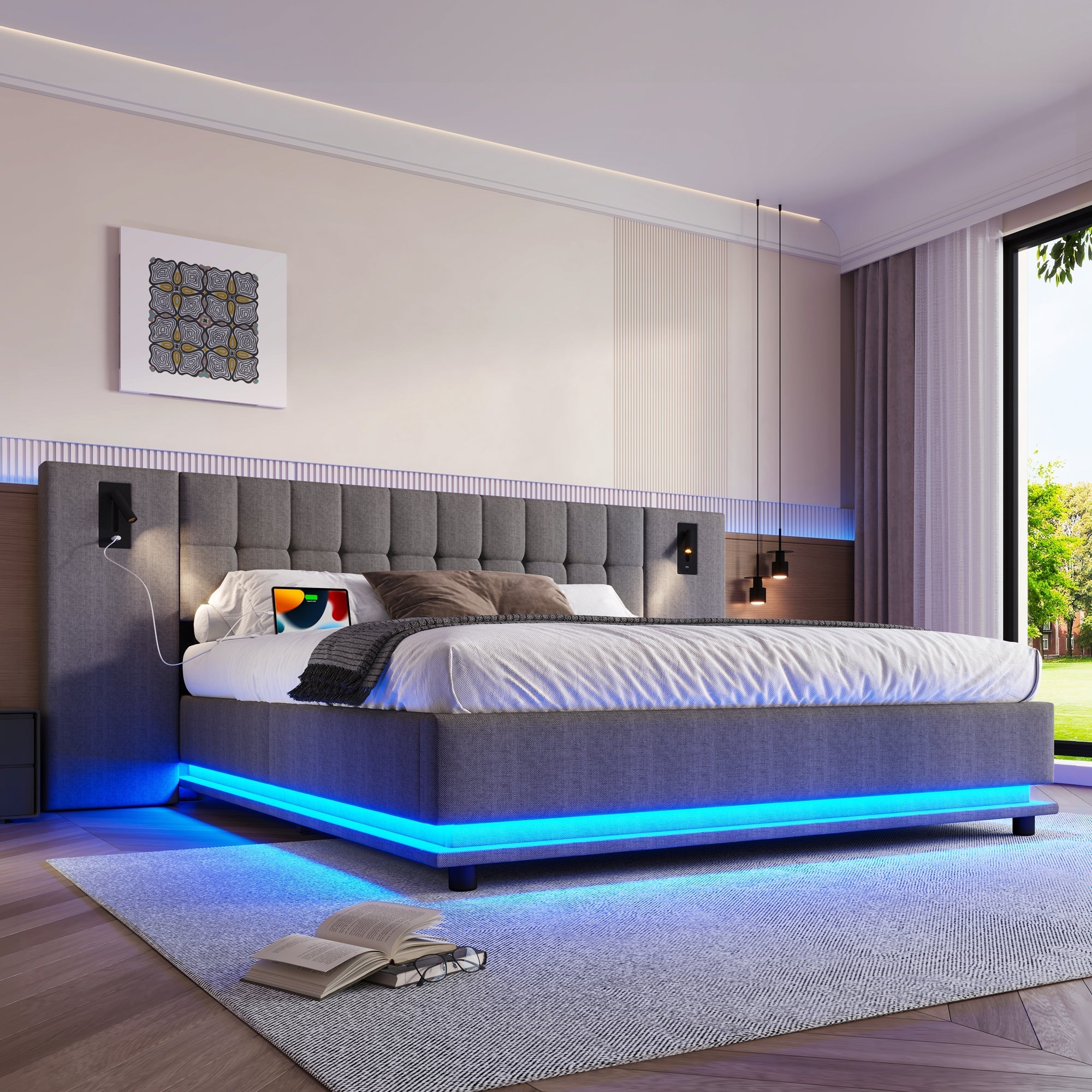 Upholstered Bed 180x200cm LED Spotlight USB Port - Linen Grey