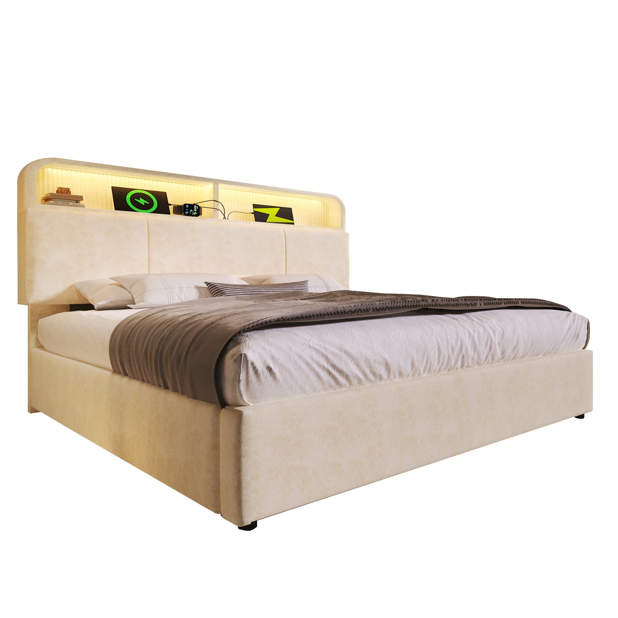 Upholstered Double Bed 160x200 cm with Hydraulic Storage, LED, USB Charging and Mattress, Beige Velvet