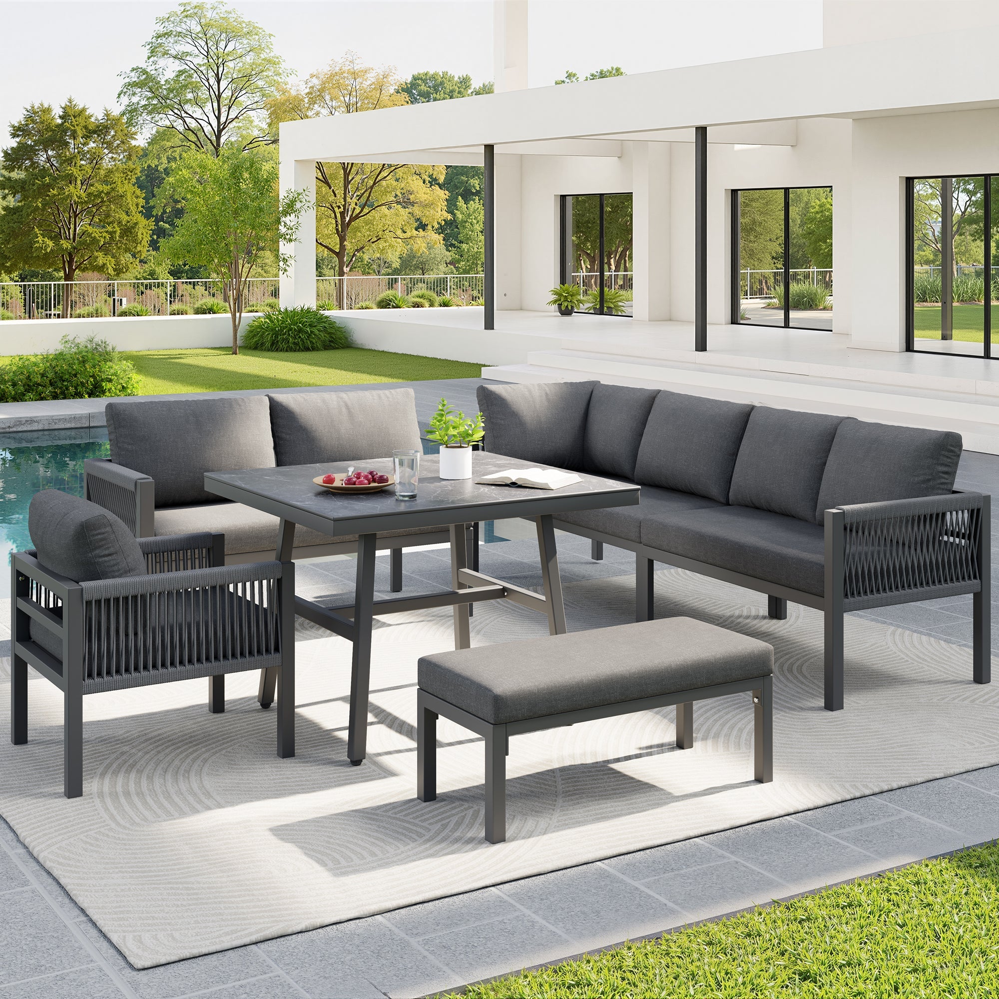 L-Shaped Garden Sofa Set Handwoven 8-Seater Iron Frame Table 2 Armchairs - Grey