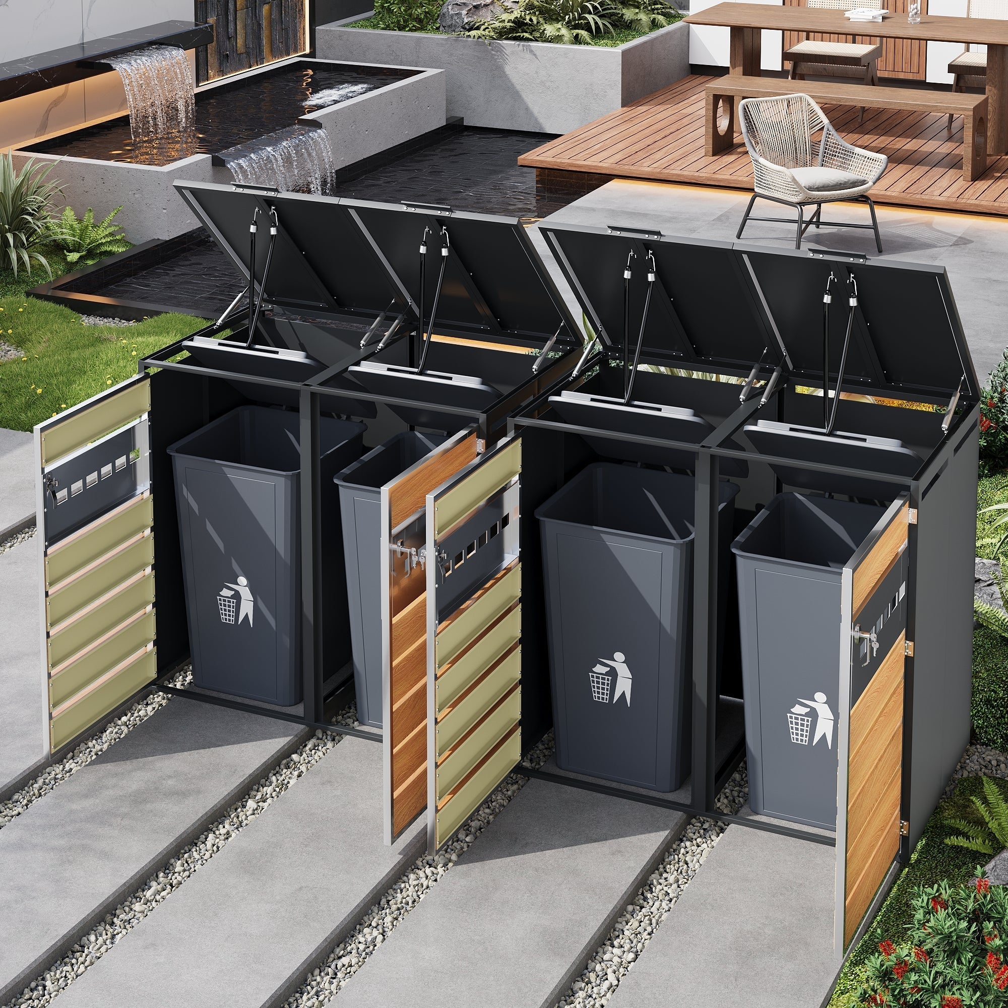 Bin Storage Box with Hinged Lid, Lockable and Four Doors, Horizontal Wood Grain Blocks