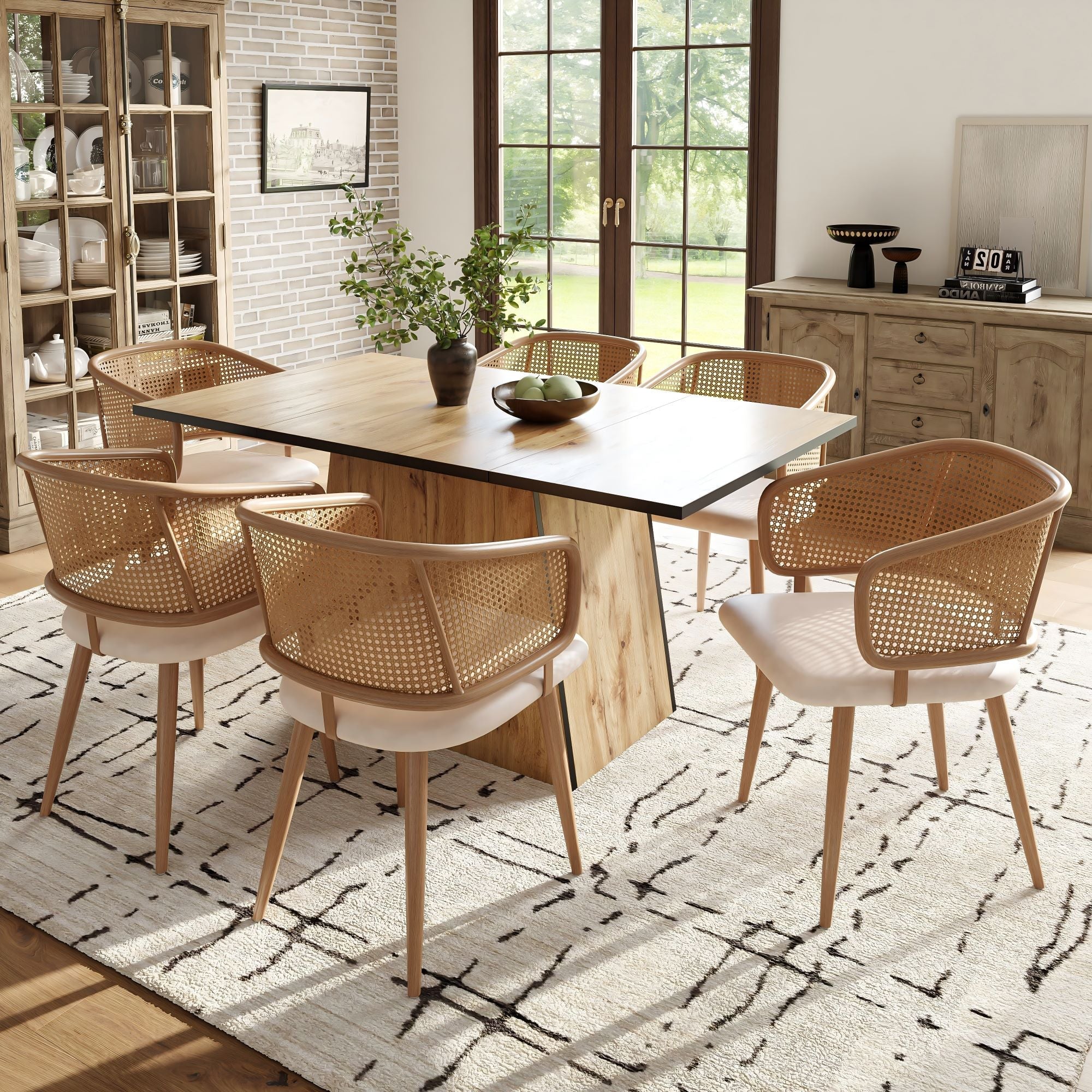 Modern Dining Chairs (Set of 6) with Rattan Backrest, PU Leather Seat, Beige