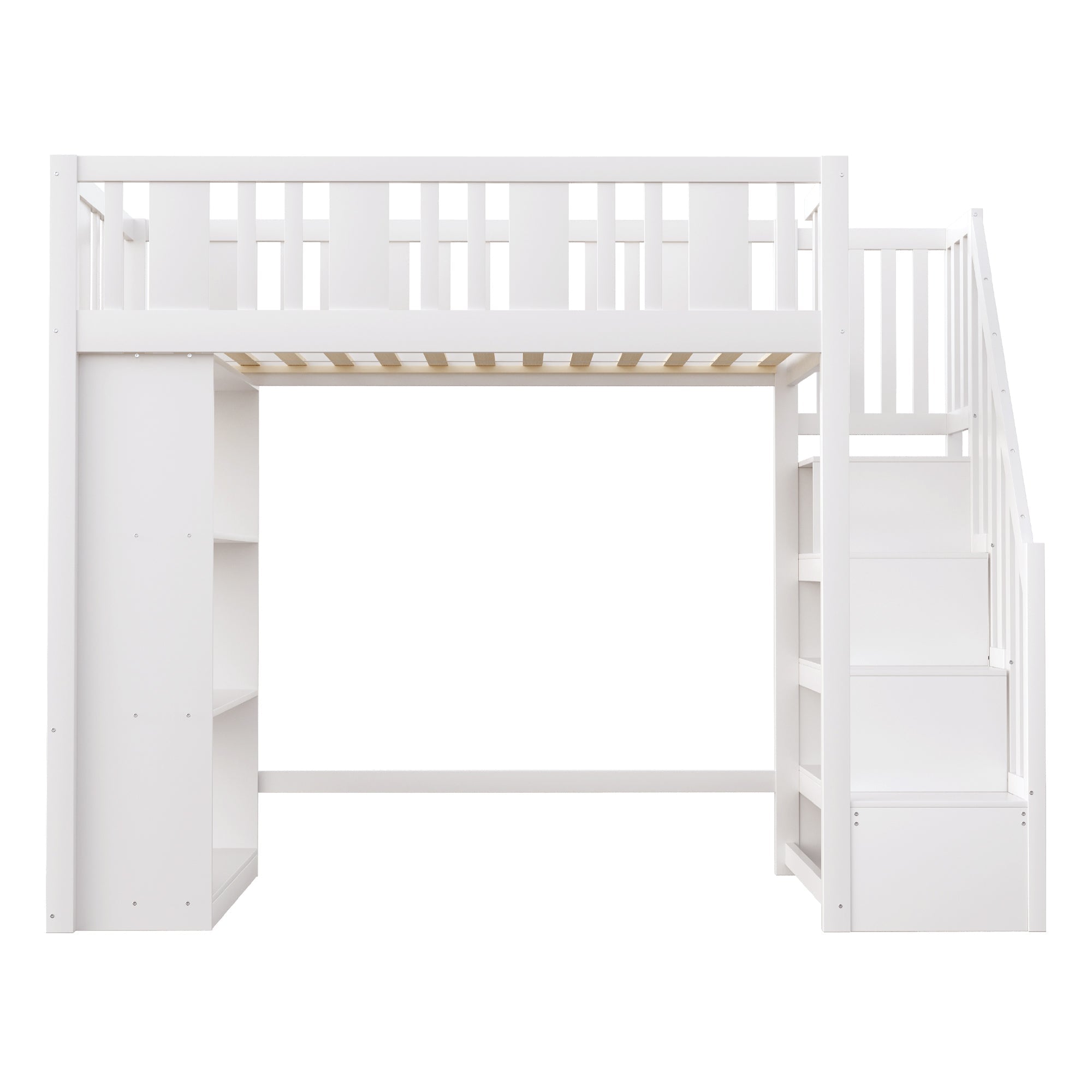 Loft Bed, 90x200cm with Storage Stairs, Functional Wooden Bed, White