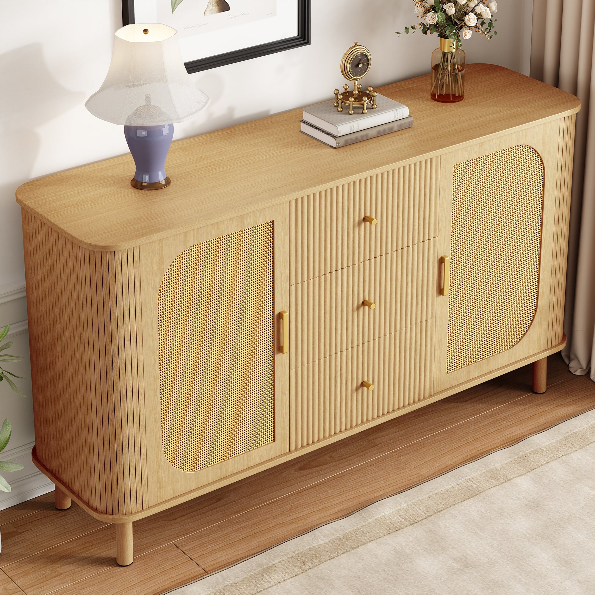 Sideboard, Drawers Shelves Metal Legs, Wood Look