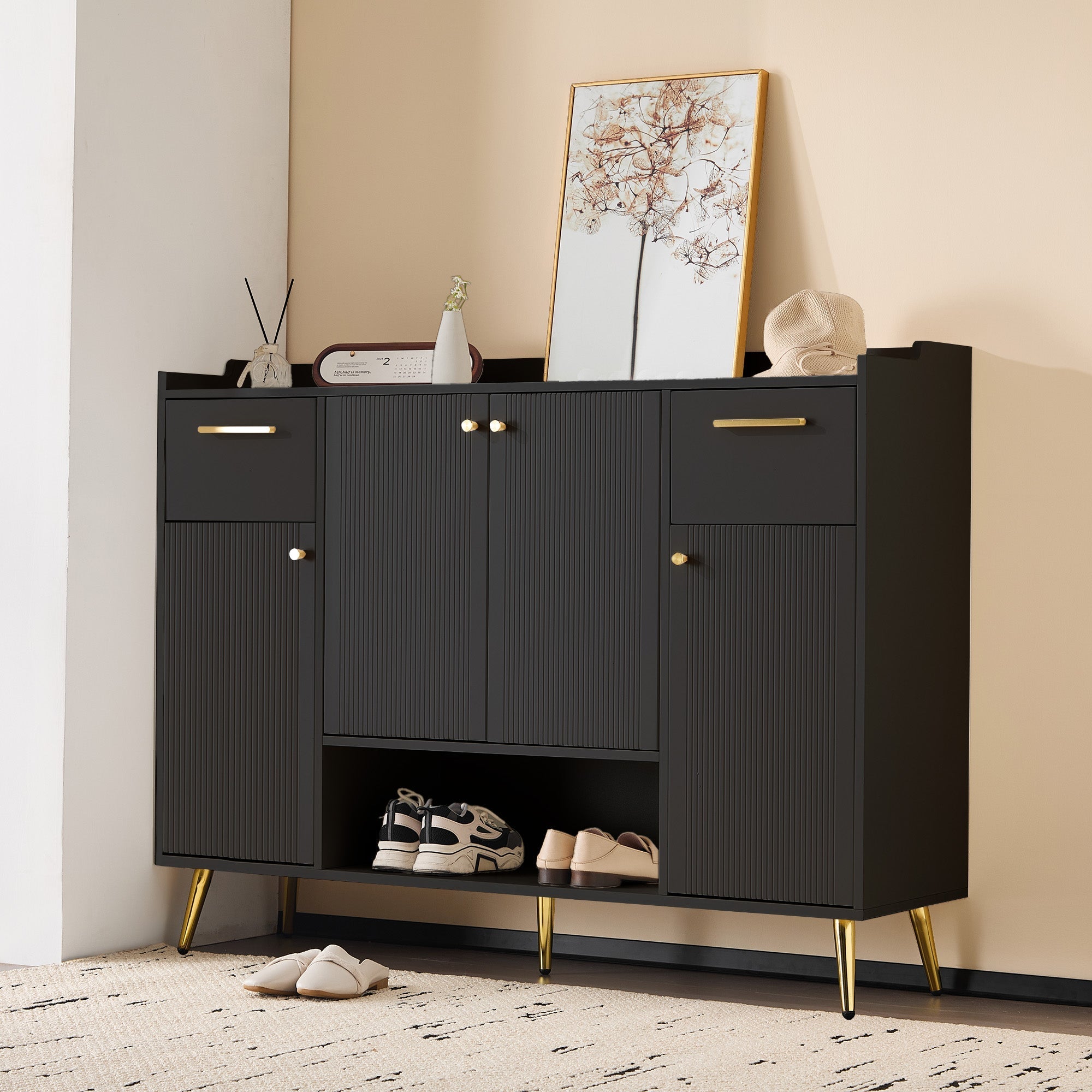 Shoe Cabinet, Shoe Rack with 2 Drawers and 4 Doors, Metal Feet, Black