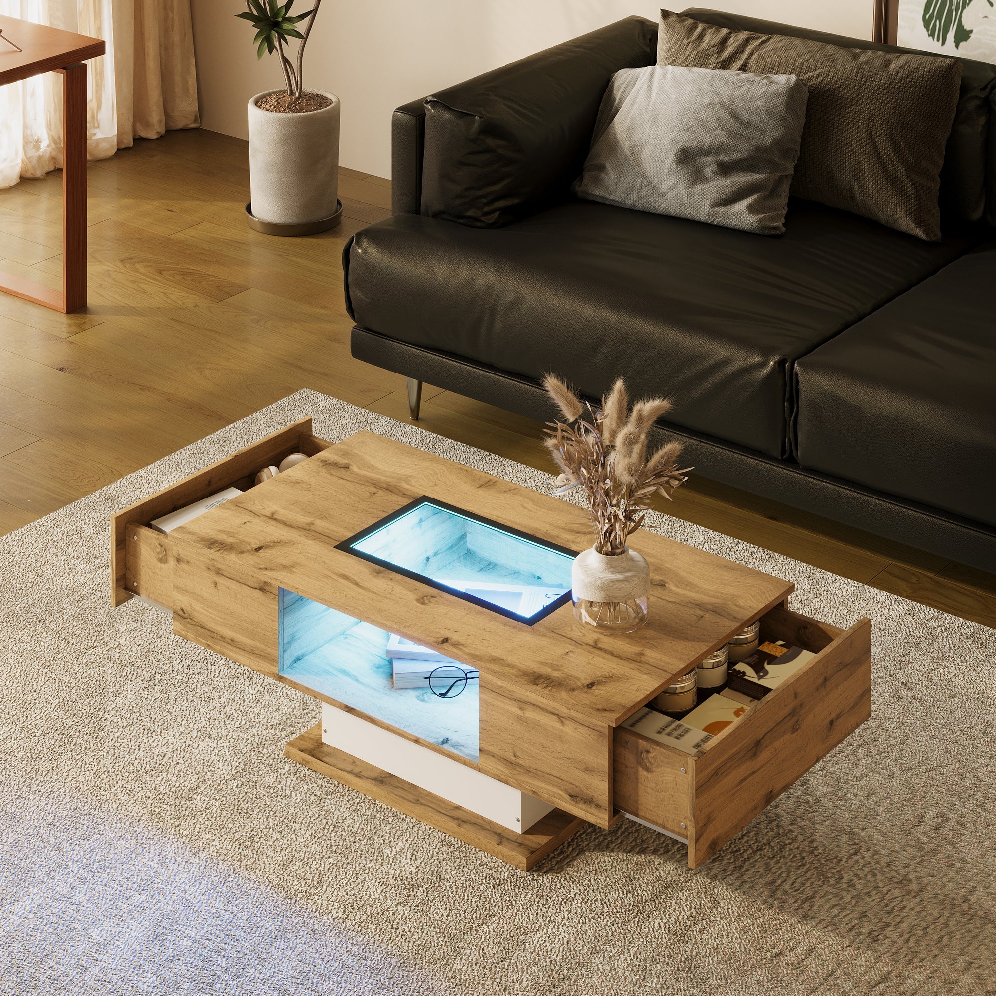 Coffee Table with Color-Changing LED Light, Glass, Two Drawers