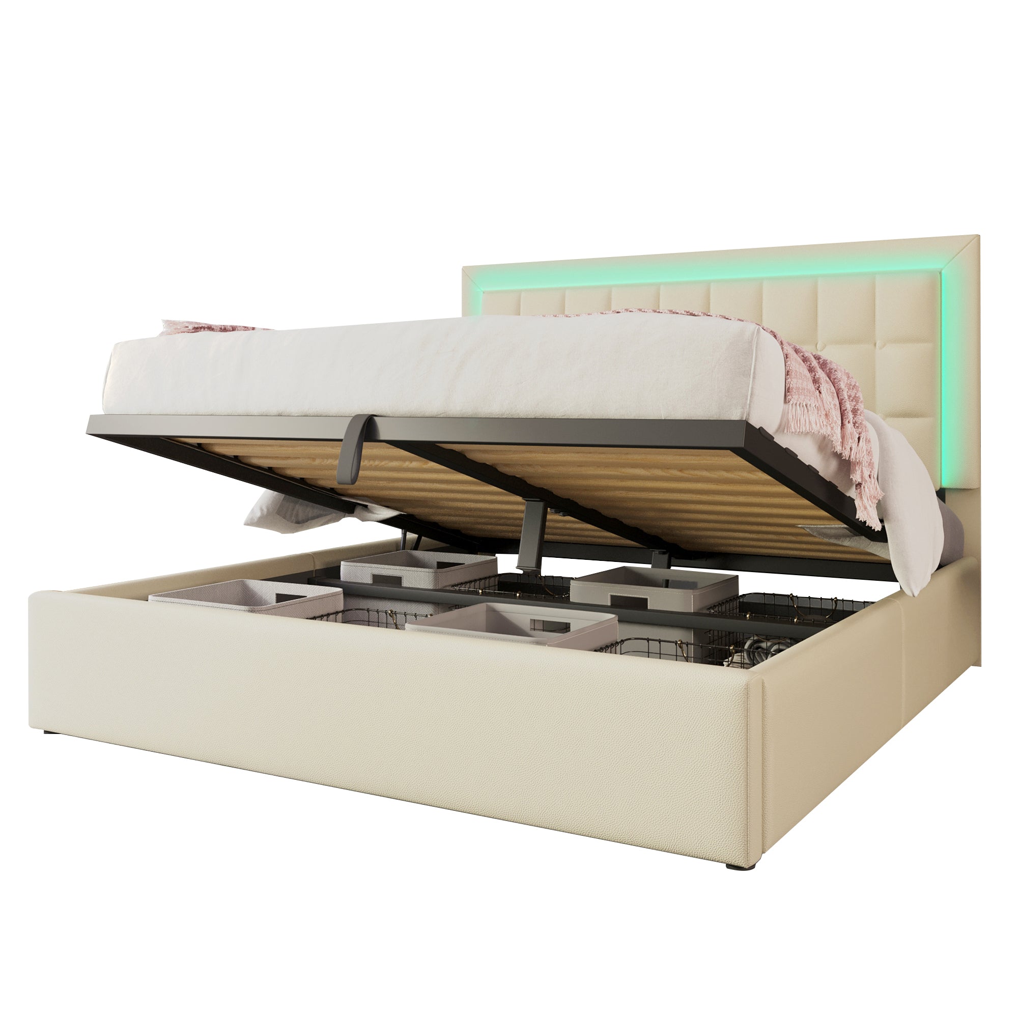 Upholstered Bed with LED Lighting, Storage Space and Slatted Frame, 140x200cm, White Faux Leather