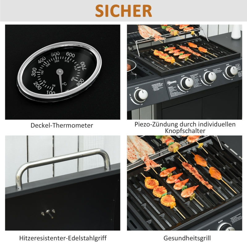 Gas Grill BBQ Cart 3 Burners 1 Side Burner Multifunctional 110x50x100 cm Steel Black
