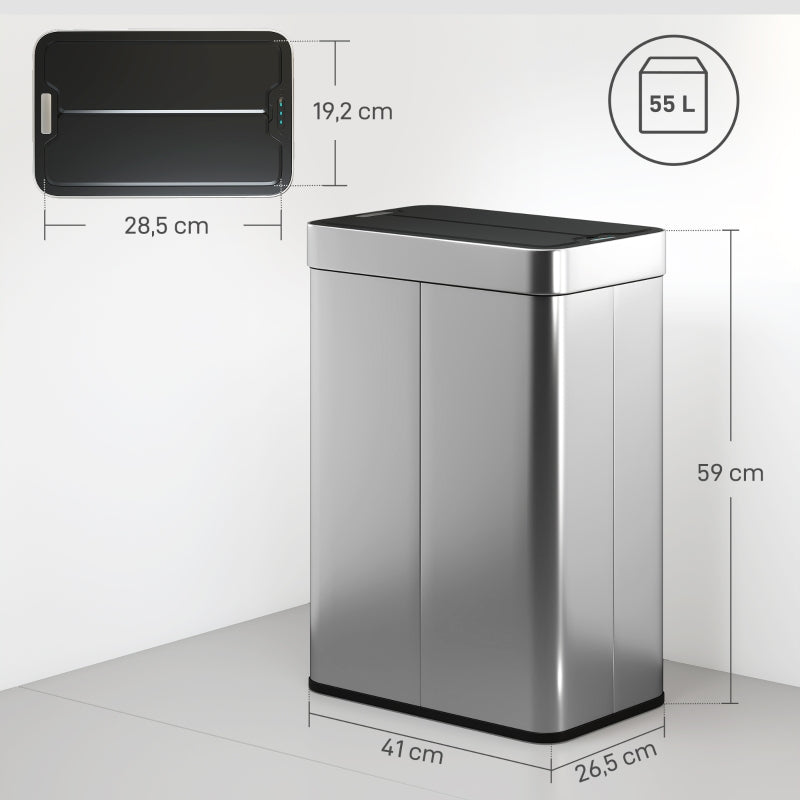 Sensor Trash Can 55 L Automatic Butterfly Lid - Stainless Steel Silver