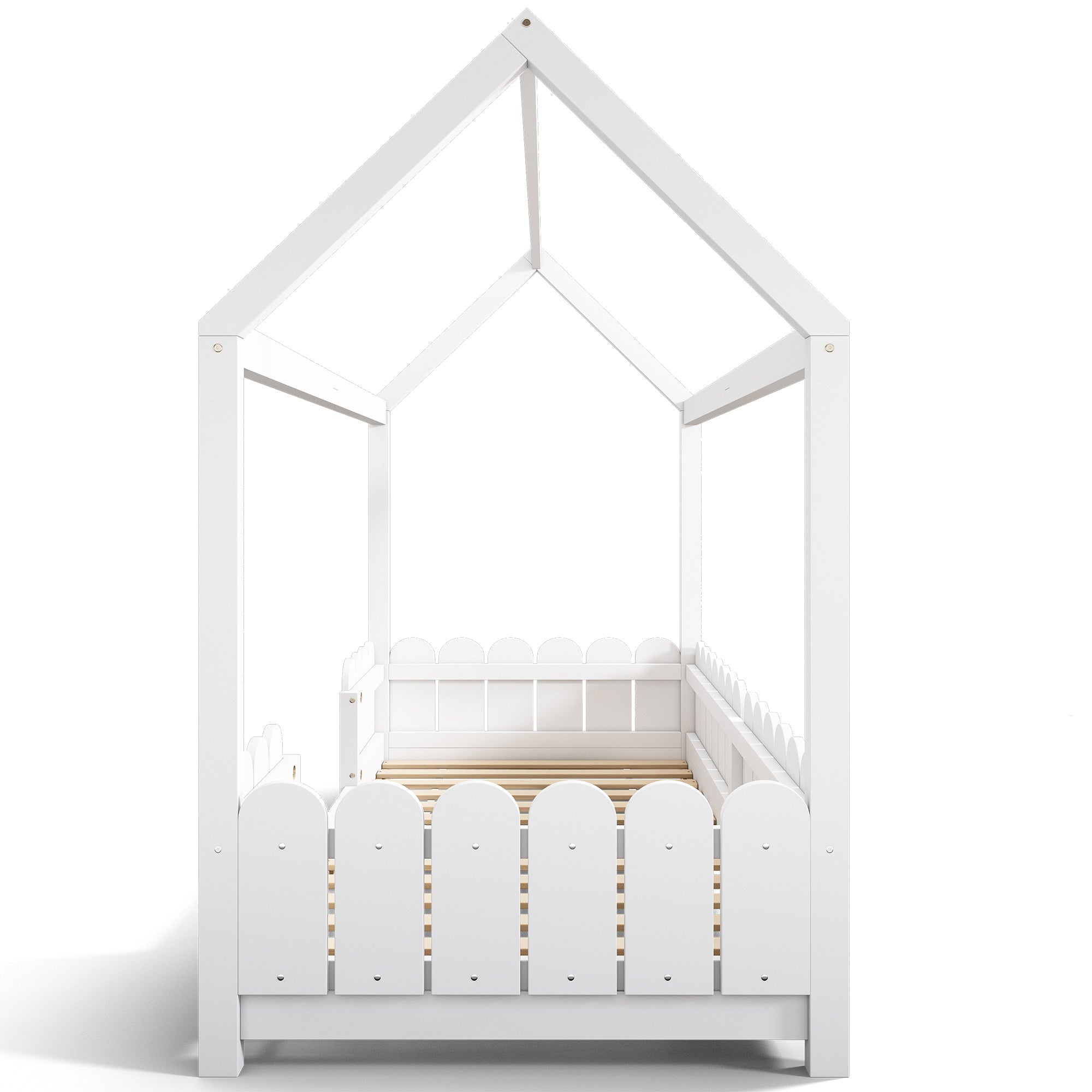 House bed 90x200 cm - versatile wooden children's bed with fall protection and slatted frame - white