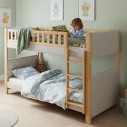 Bunk Bed with Anti-Collision Sponge Edge and Straight Staircase, 90x200cm, Grey and Natural Rubberwood + MDF