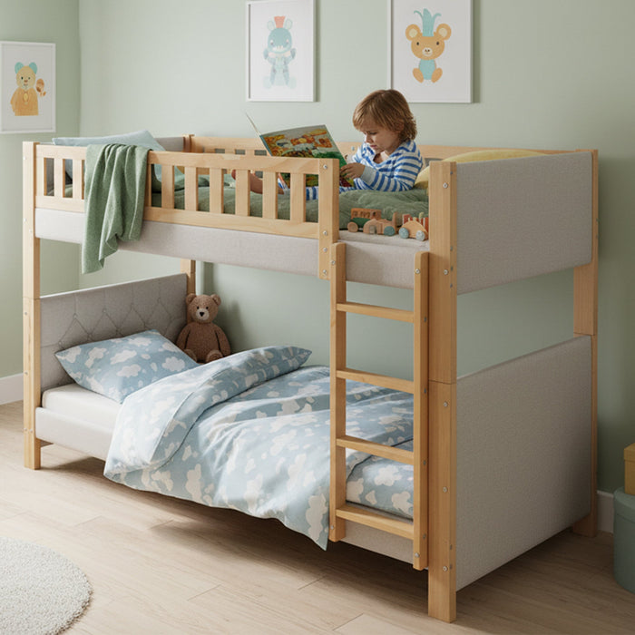 Bunk Bed with Anti-Collision Sponge Edge and Straight Staircase, 90x200cm, Grey and Natural Rubberwood + MDF