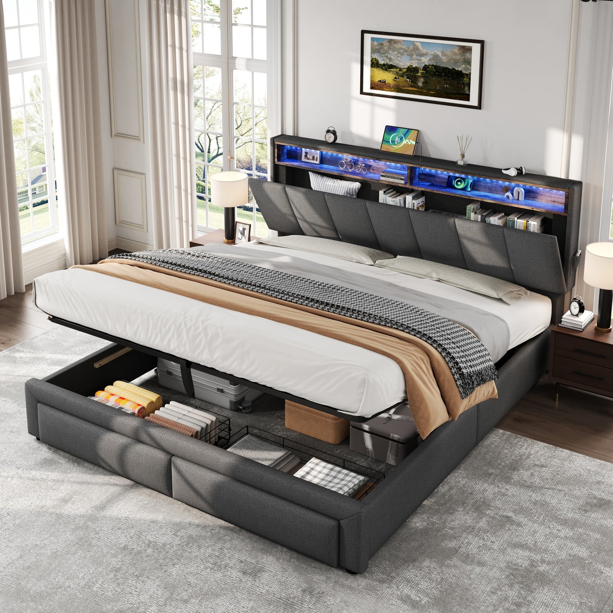 King Upholstered Bed Frame Hydraulic & Drawers Storage, LED Adjustable Headboard, Linen Grey