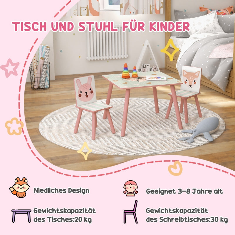Children's Seating Set, Table with 2 Chairs, Animal Motif, Pine Wood, Pink