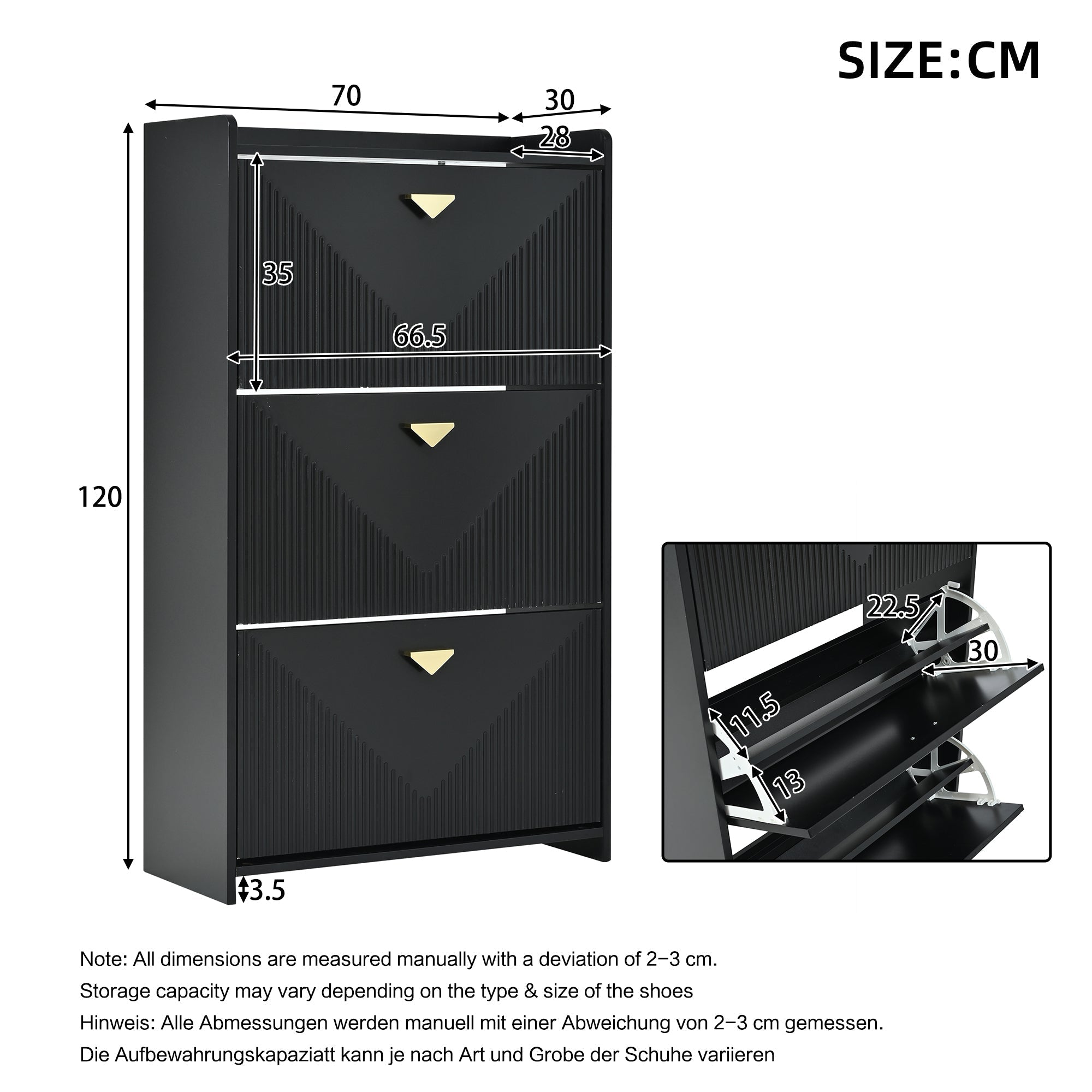 Shoe Cabinet 70x30x120cm 3 Drop-Down Doors 6 Compartments Adjustable Width Black