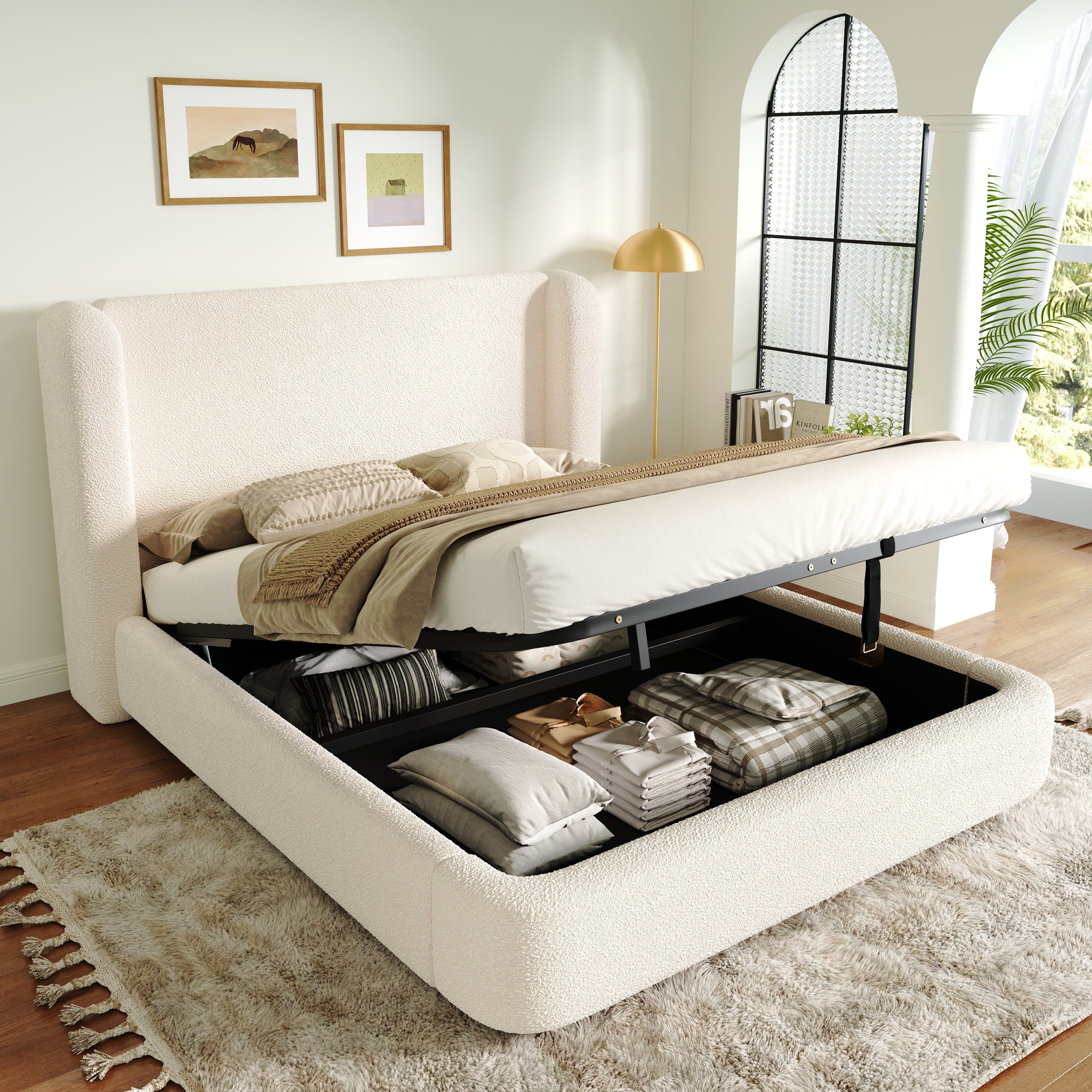 Upholstered Double Bed with Hydraulic Storage, Slatted Frame, and Headboard, Beige Bouclé, 160 x 200