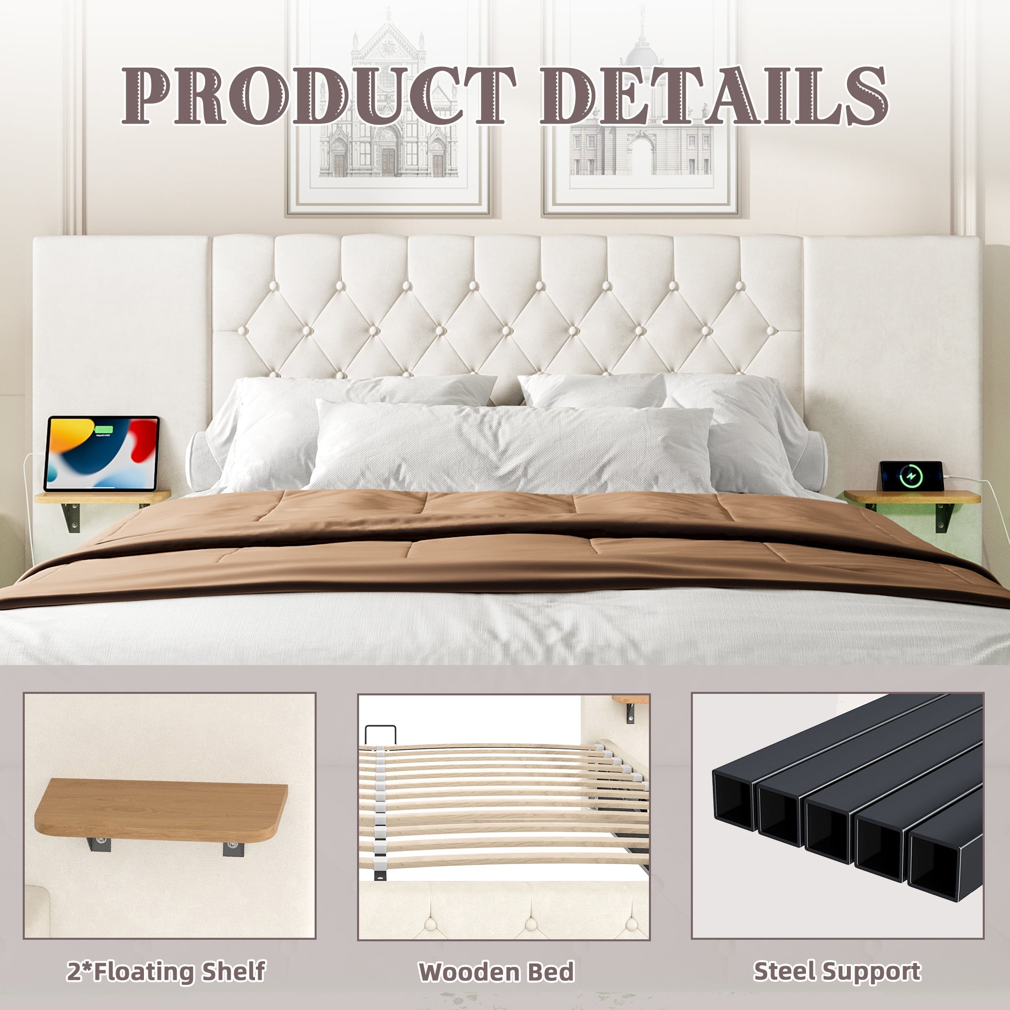 Modern Bed Frame 135x190, Wide Headboard, LED, USB-C Ports, Hydraulic Lift Storage, Beige